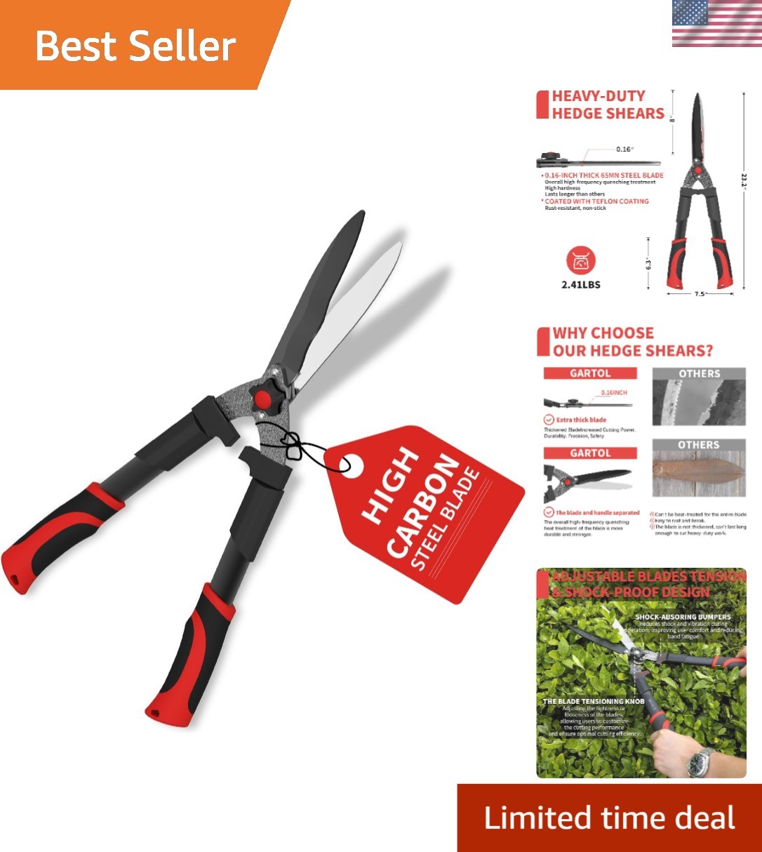 23-Inch Hedge Shears, Manual Garden Clippers with 9″ High Carbon Steel Wavy B…