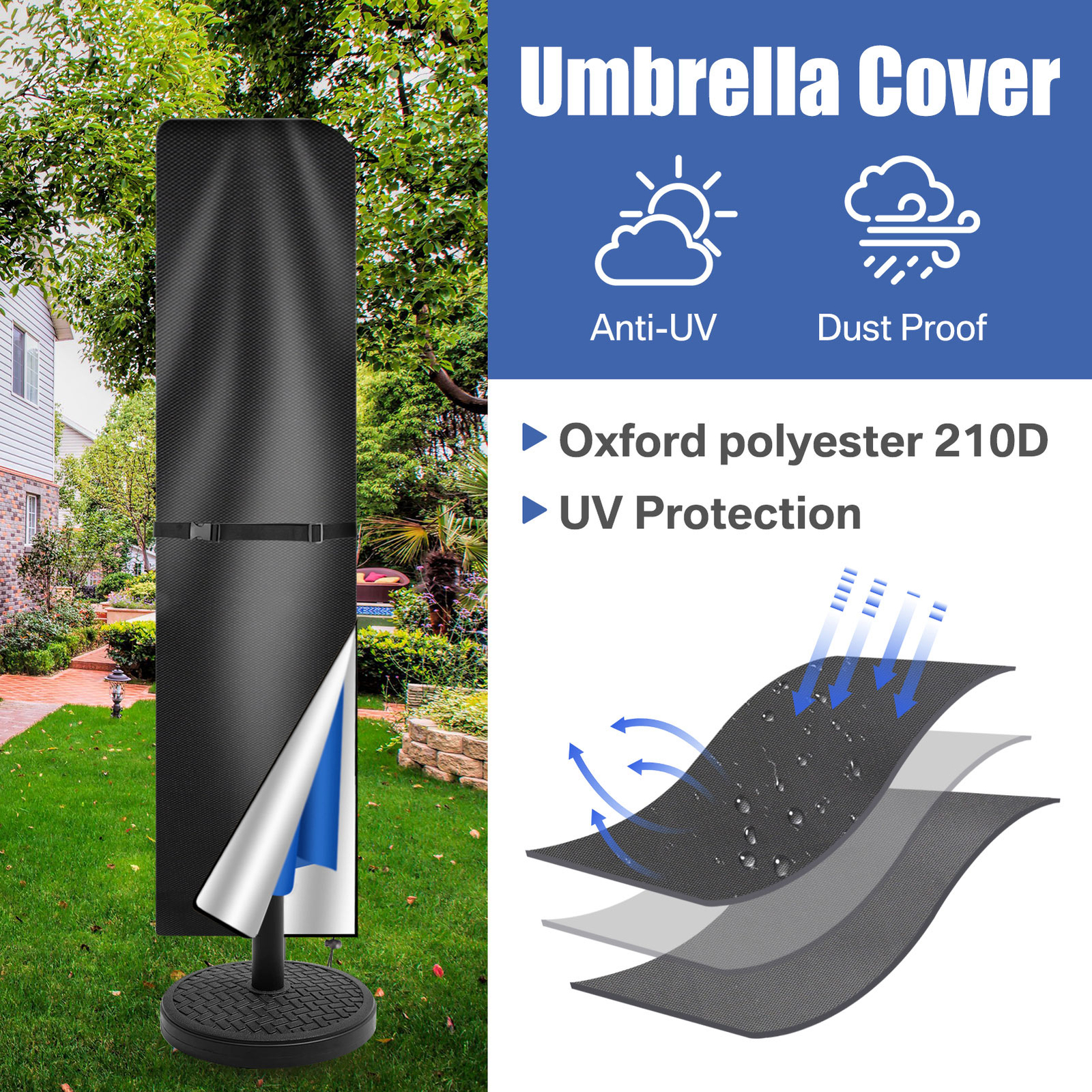 Patio Umbrella Cover with Rod for 8 to 15 Ft Umbrellas / Double-Sided Umbrellas