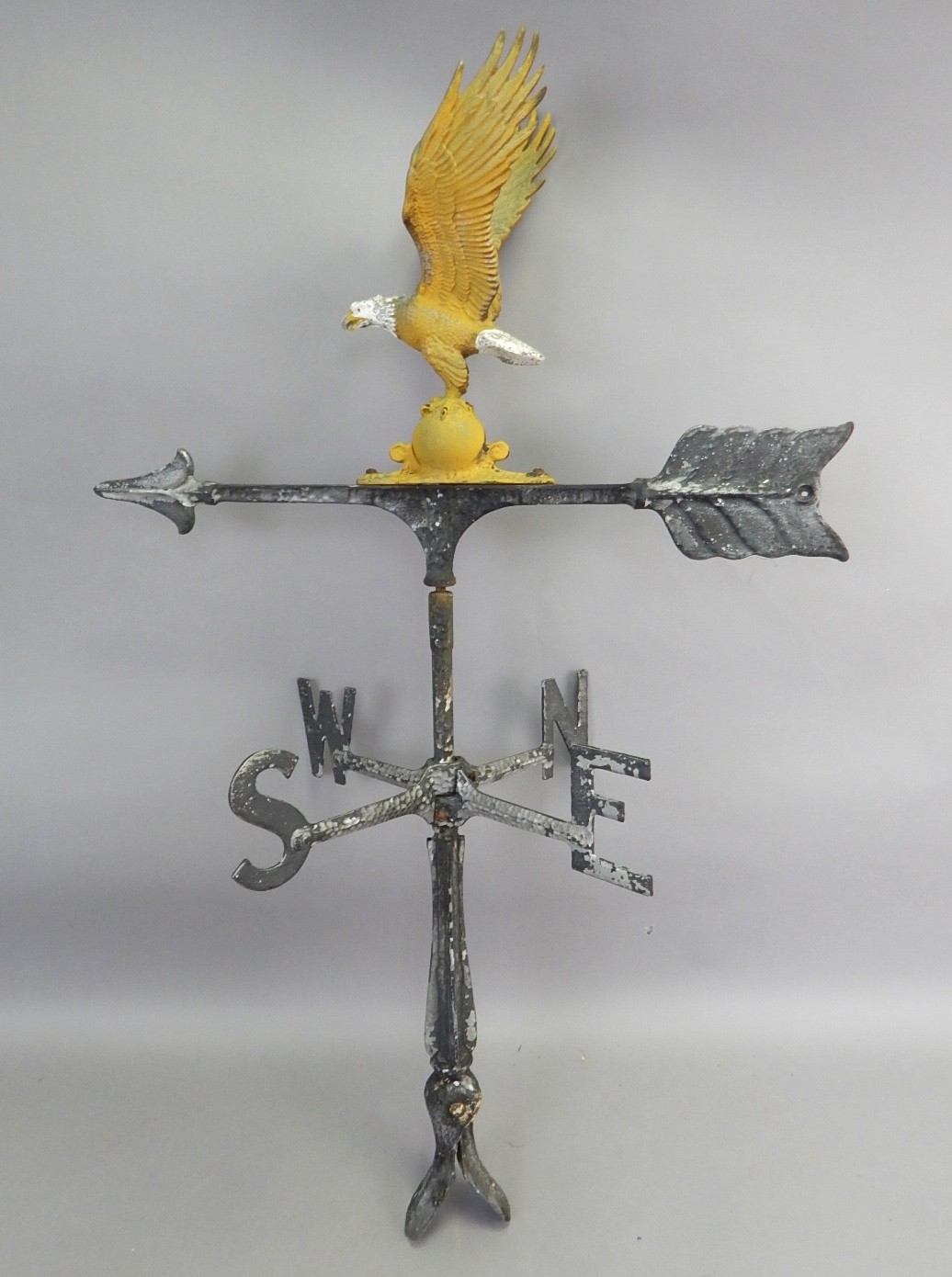 Large Antique Cast Aluminum Full Body 3D Eagle on Arrow Wind Weathervane