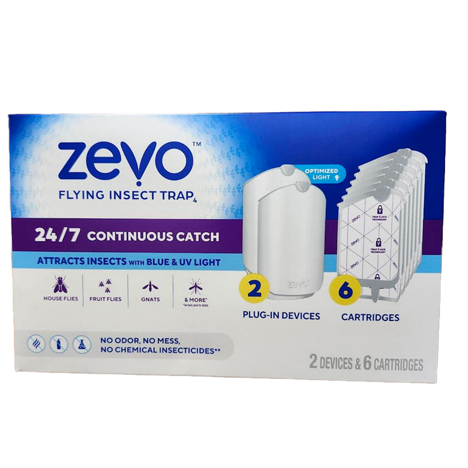 Zevo Flying Insect Trap (2 Plug-in Bases + 6 Cartridges) Featuring Blue UV Light