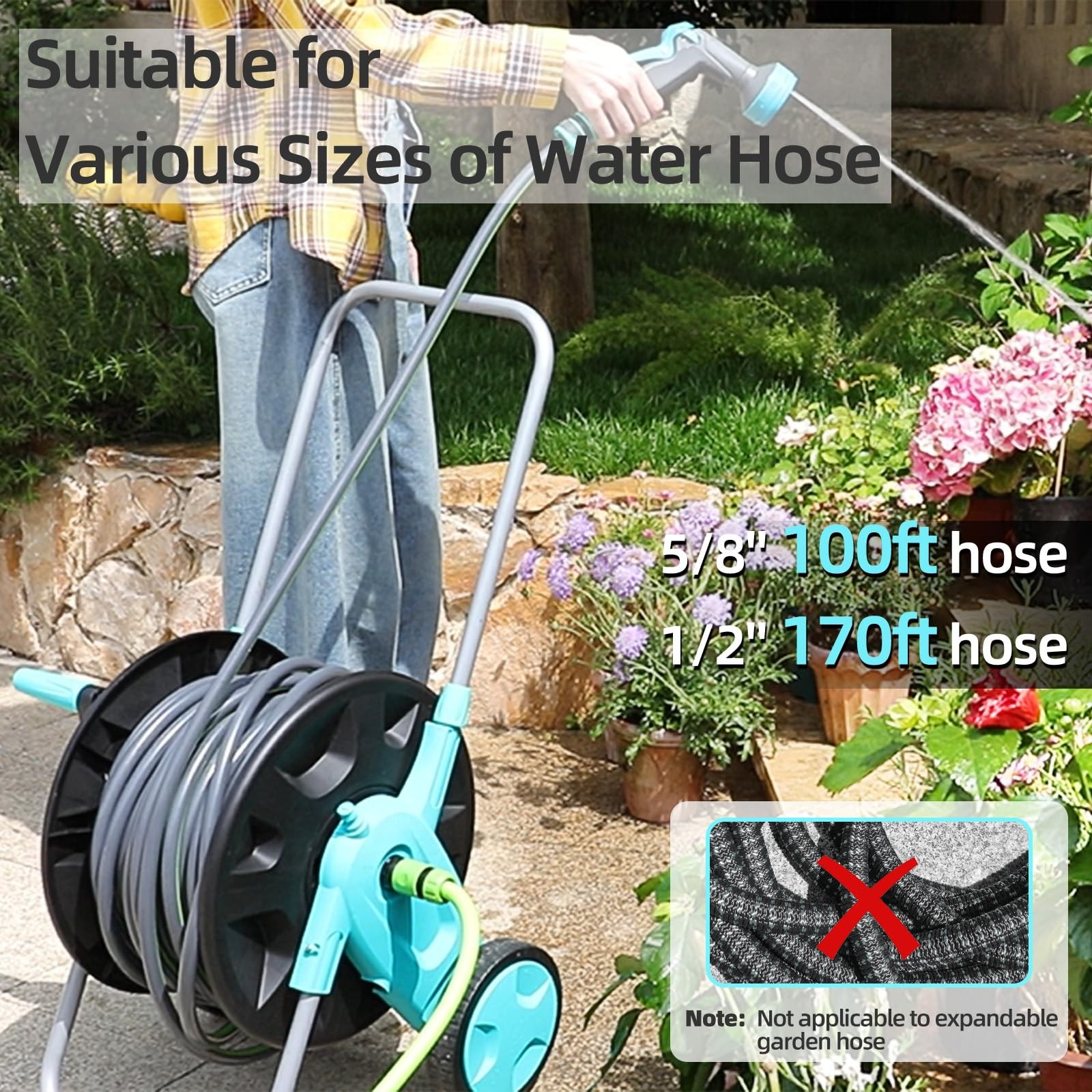 Portable Garden Hose Reel Cart, Hold Up to 75-100 Ft of 5/8 75FT-100FT, Blue