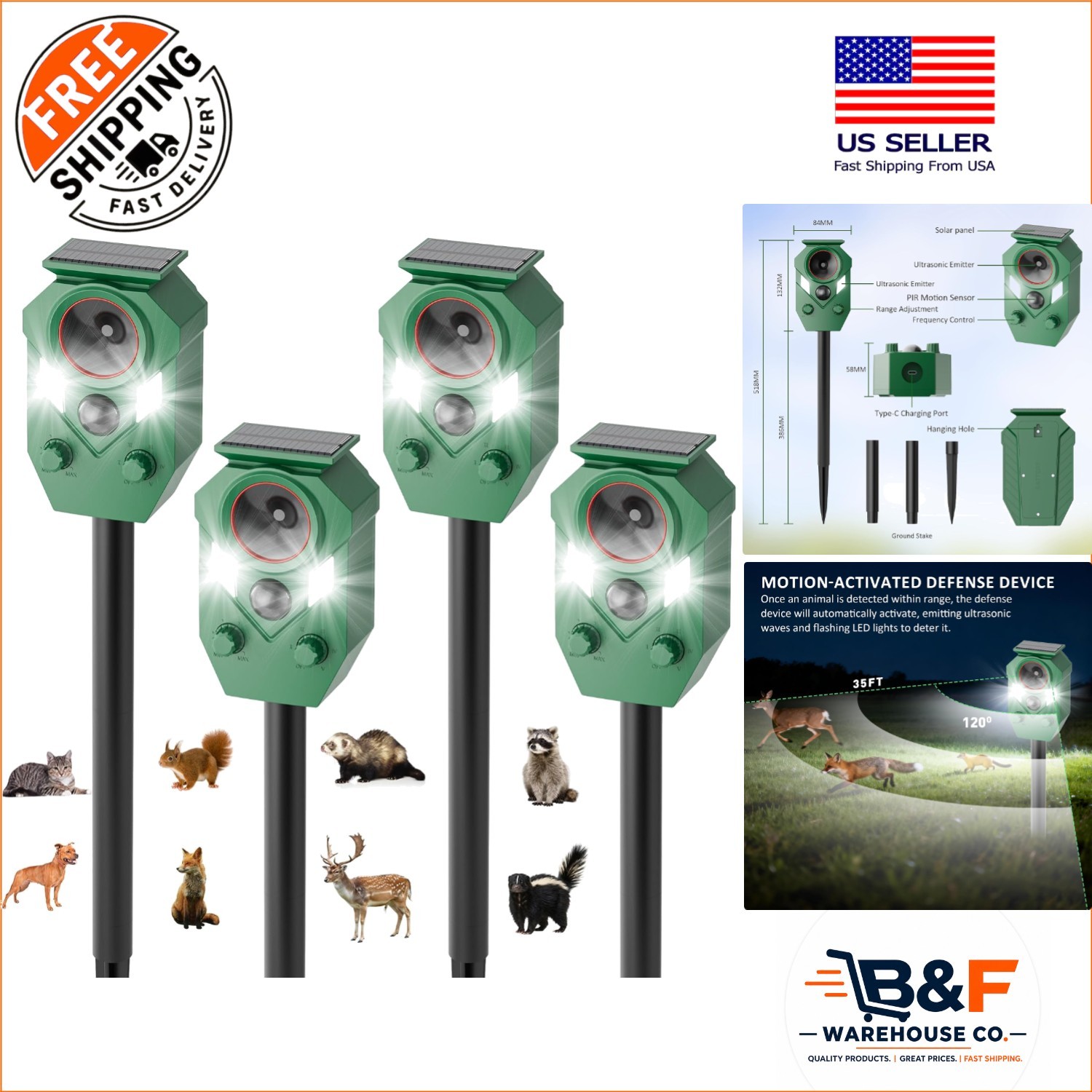 Humane Solar-Powered Animal Repeller – 5 Frequencies & Strobe Light for Gardens