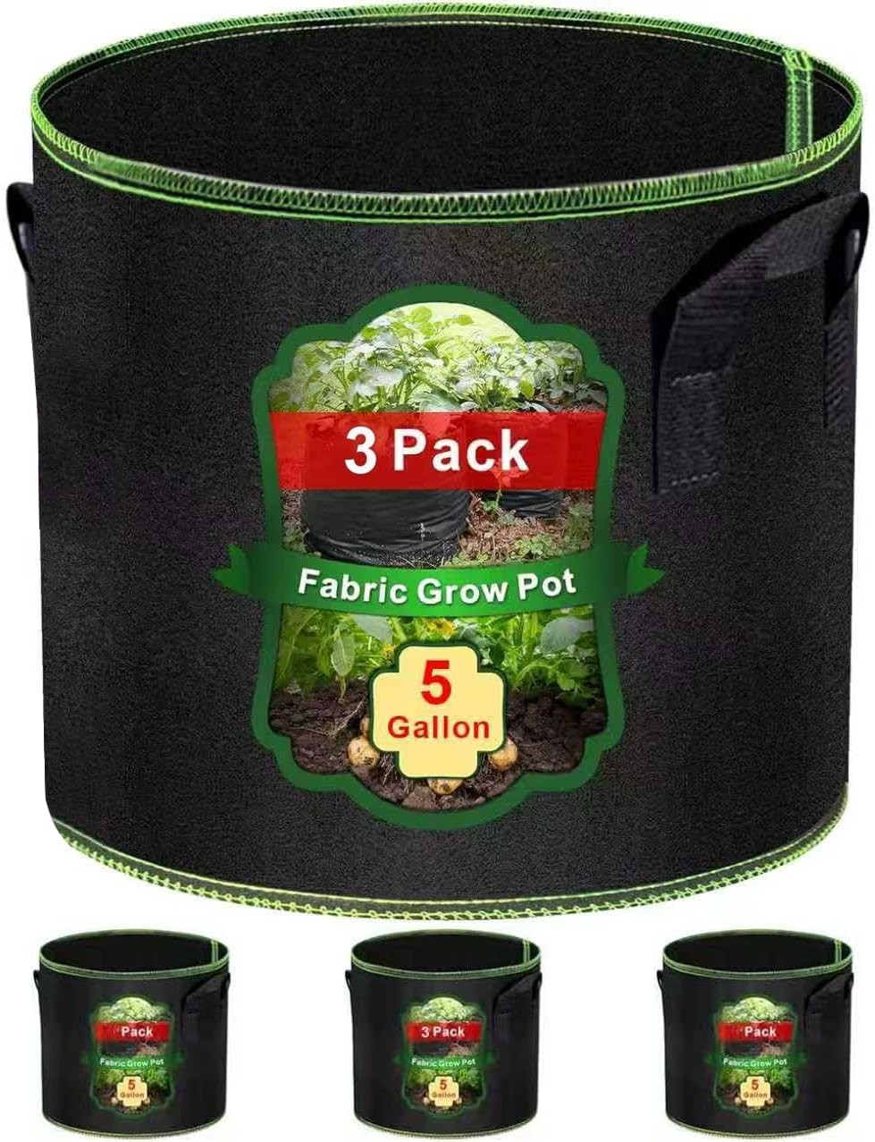 5 Gallon Grow Bags-3 Pack Thickened Nonwoven Fabric Aeration Planter Bags