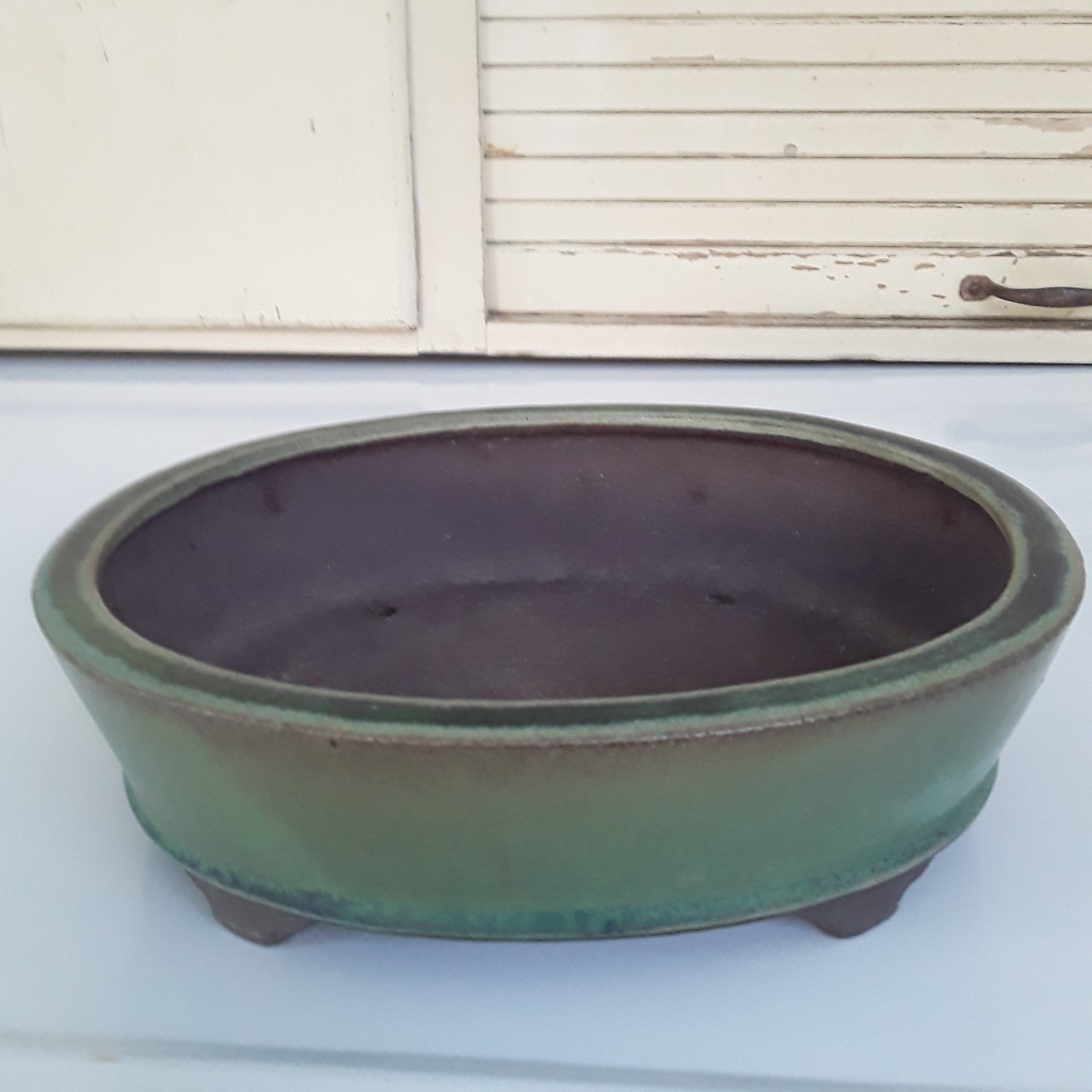 Japanese Bonsai Pot TOKONAME Green Glaze Oval 9 x 8.5 x 3″ SHOSEN-YAMAAKI W24cm