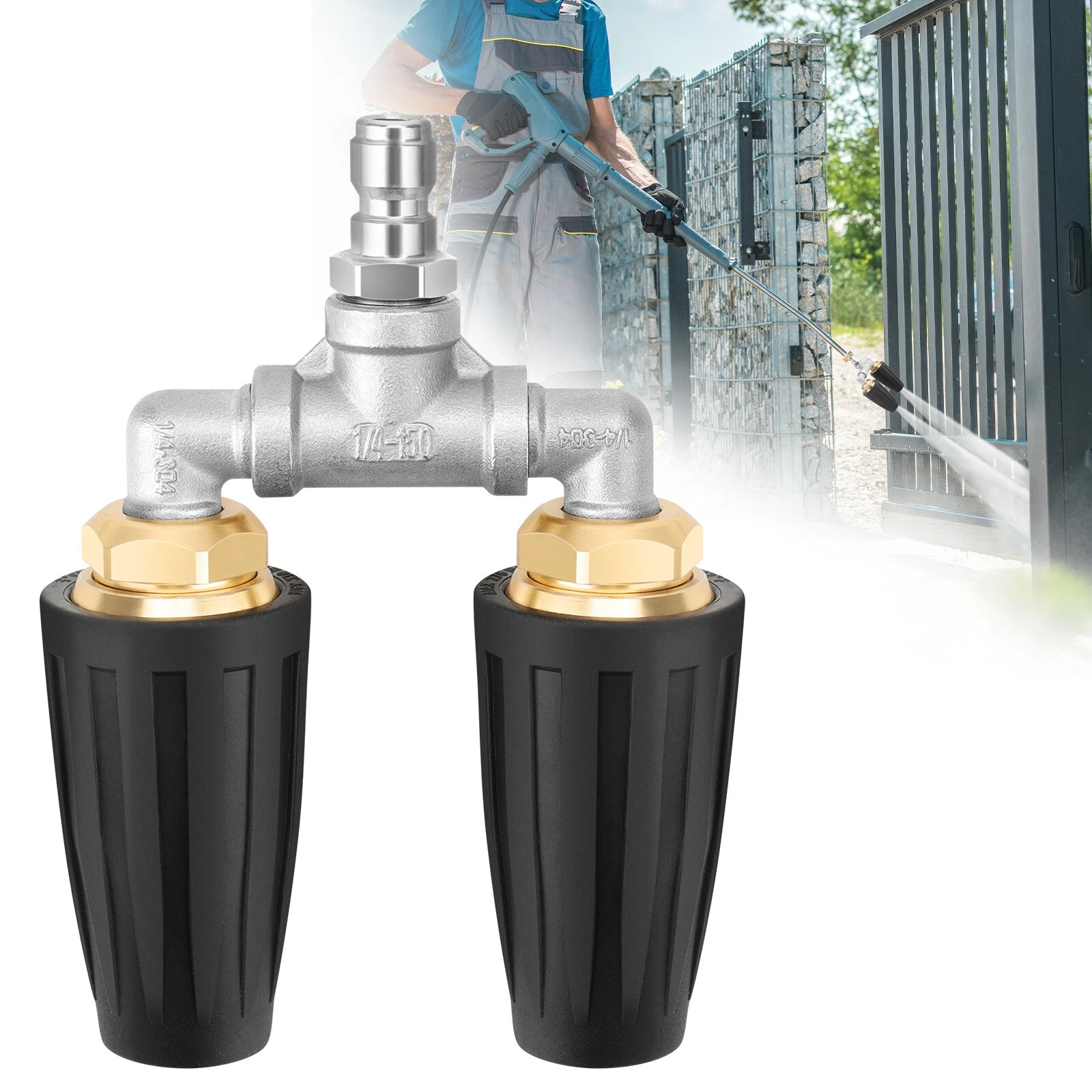 Dual Turbo Pressure Washer Nozzle 360° Rotating 4000 PSI 1/4″ Quick Connect Tip