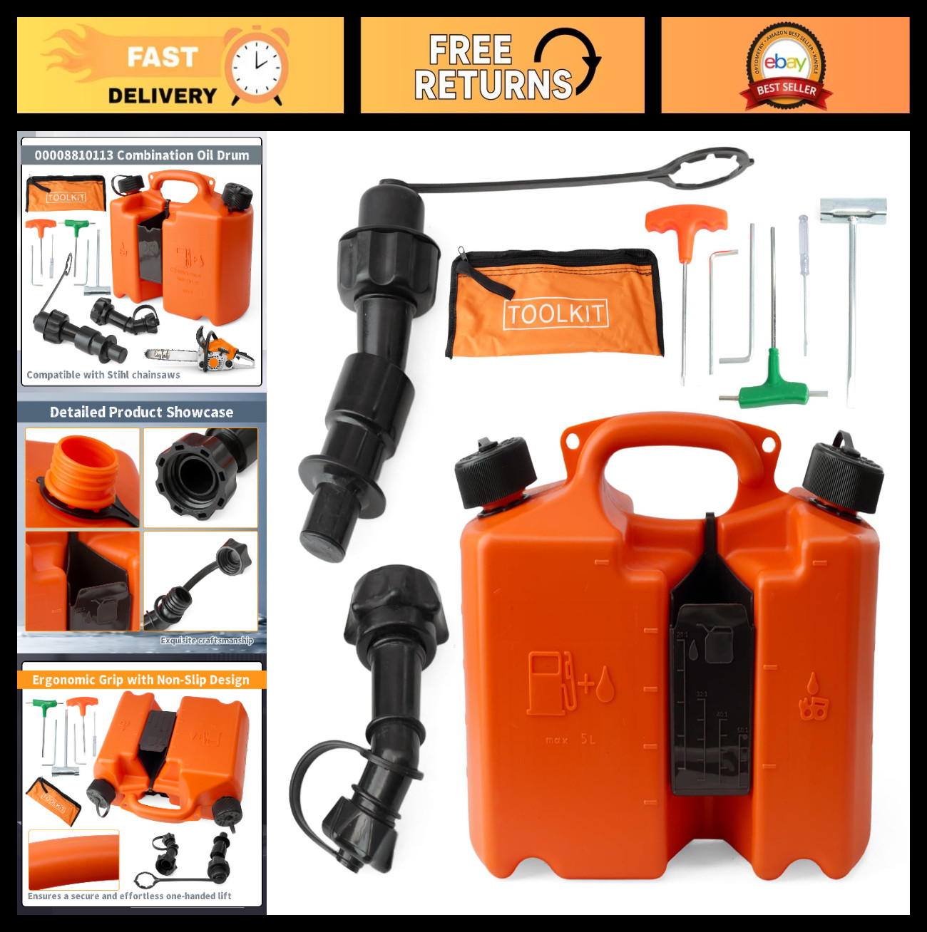 5L + 2L Fuel Container for Chainsaws, Spill Proof Nozzle, Oil & Fuel Drum, Orang