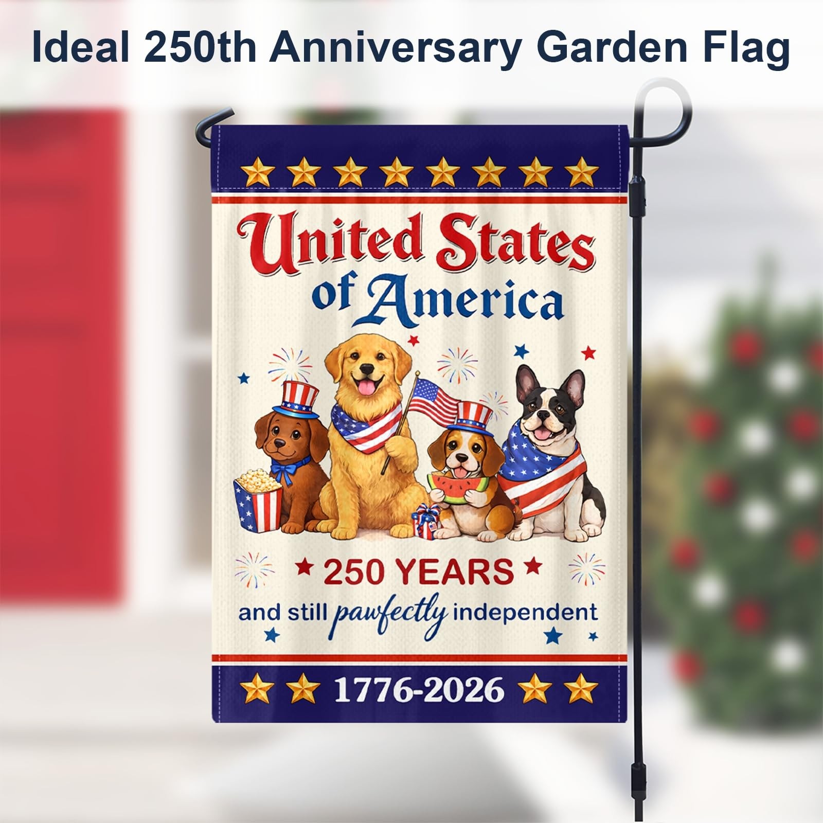 250 Anniversary USA Patriotic Dogs Yard 12 × 18 inches, Red, White & Blue