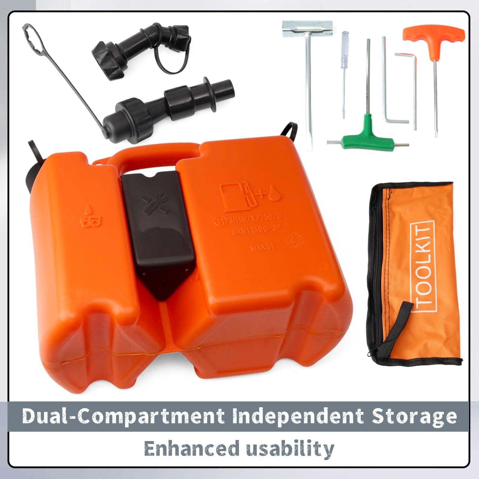 5L + 2L Fuel Container for Chainsaws, Spill Proof Nozzle, Oil & Fuel Drum, Orang