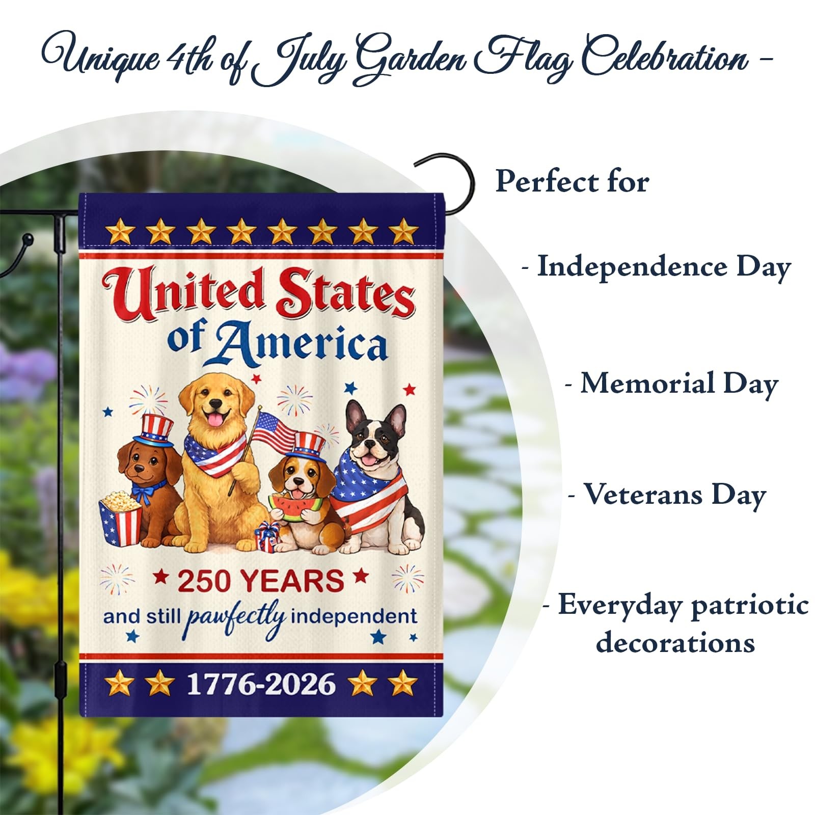 250 Anniversary USA Patriotic Dogs Yard 12 × 18 inches, Red, White & Blue