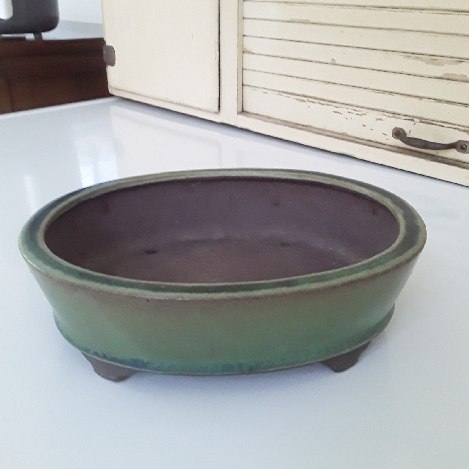 Japanese Bonsai Pot TOKONAME Green Glaze Oval 9 x 8.5 x 3″ SHOSEN-YAMAAKI W24cm