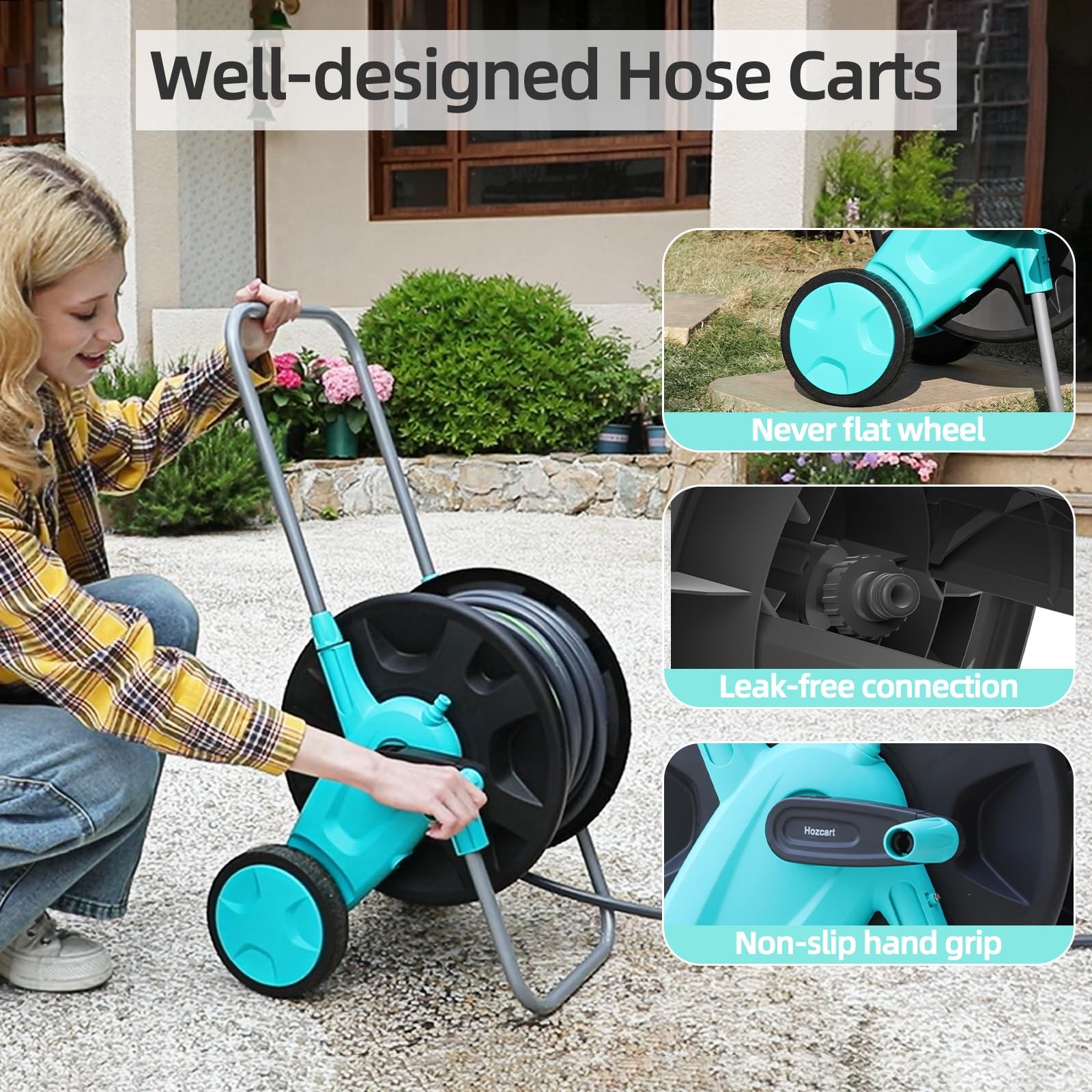 Portable Garden Hose Reel Cart, Hold Up to 75-100 Ft of 5/8 75FT-100FT, Blue