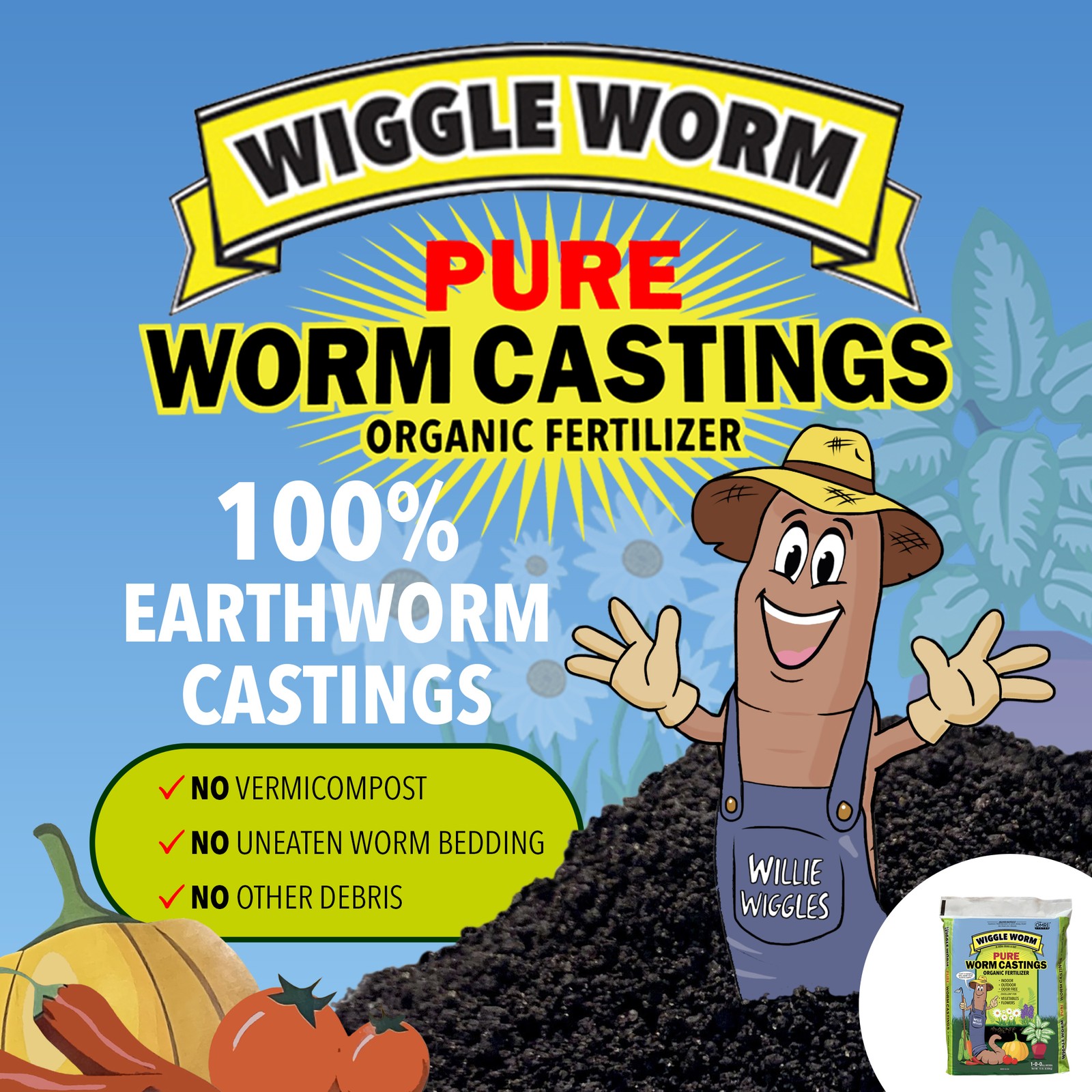 WIGGLE WORM Soil Builder Organic Fertilizer (15 lb) and Castings Tea (8 Oz)