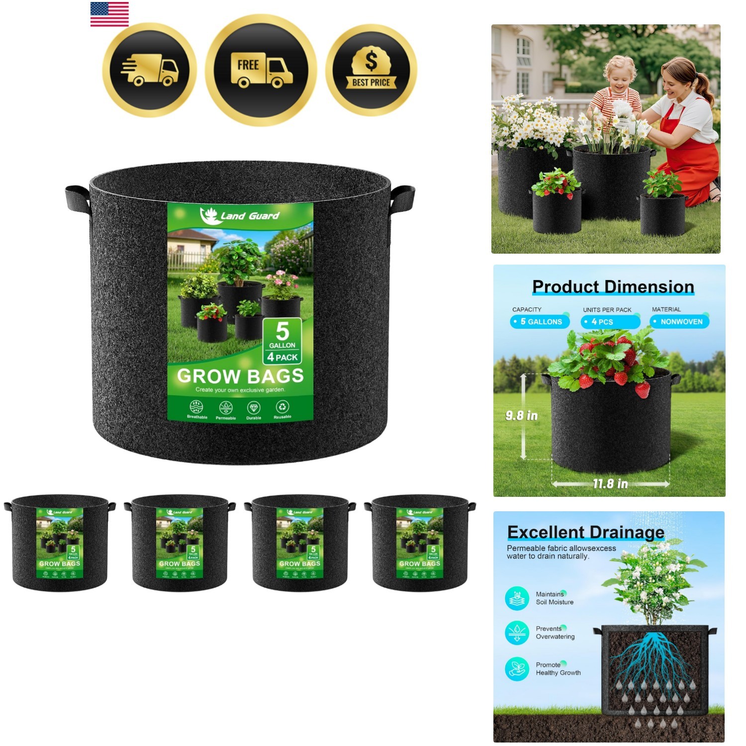4-Pack Fabric Grow Bags 5 Gallon, Thickened Nonwoven Garden Pots, Growing Bag…