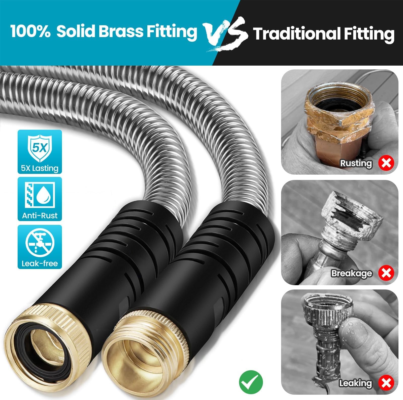 LINODI Metal Garden Hose, 100ft Stainless Steel Hose – 100FT, Silver
