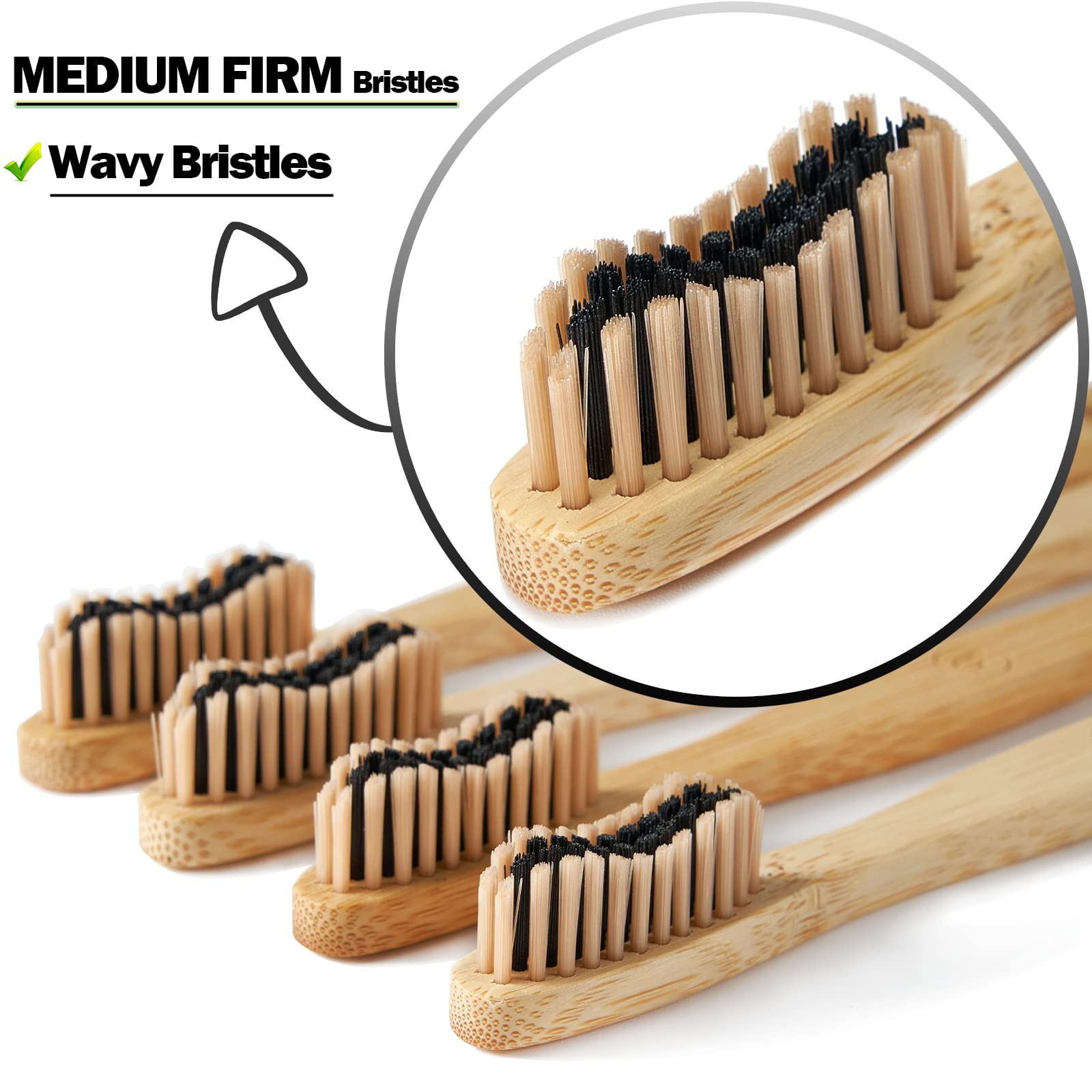 10 Count Bamboo Toothbrush (Soft+Medium) Charcoal Toothbrushes, Natural Wood Too