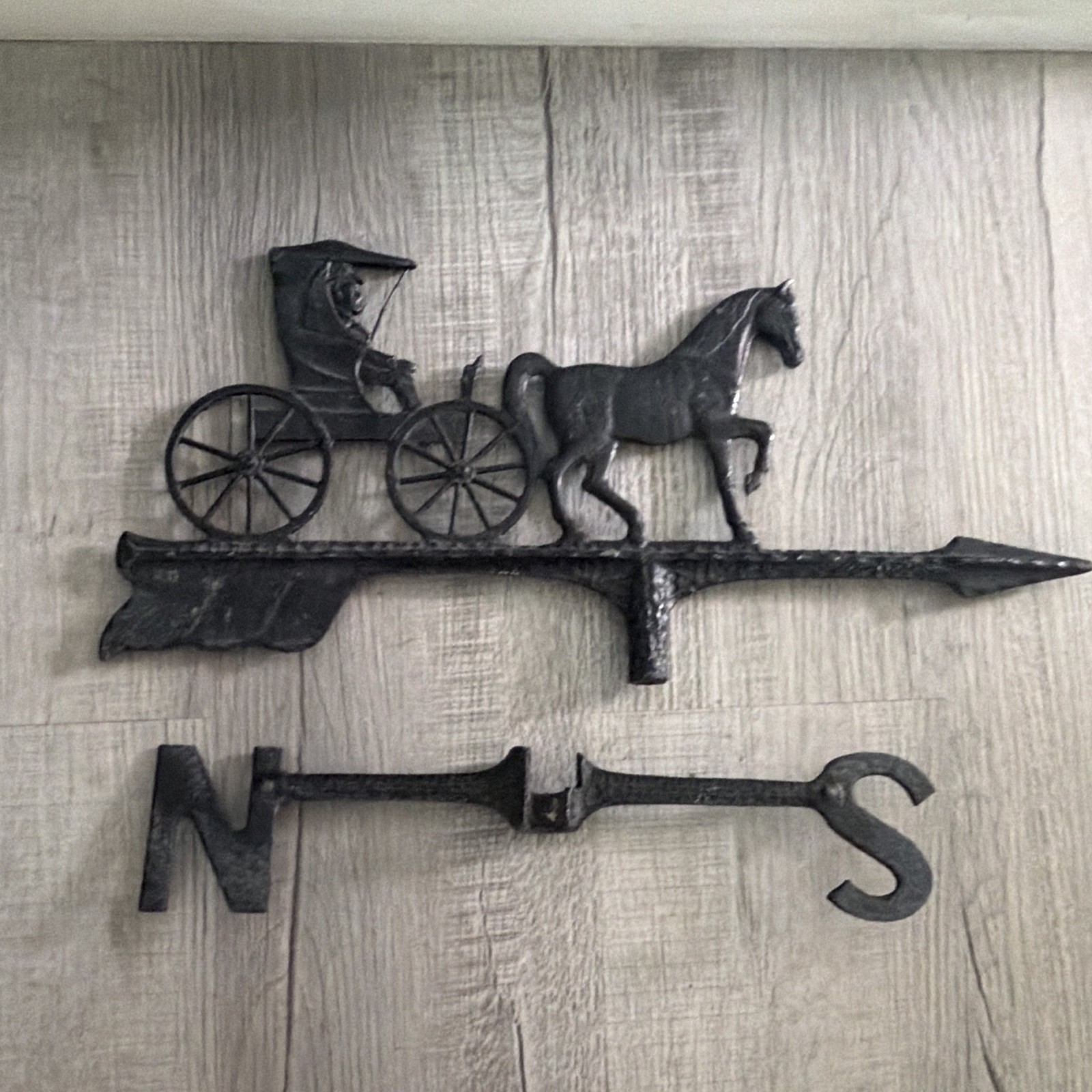 Black Metal Horse and Buggy Weathervane Arrow with N/S Directionals