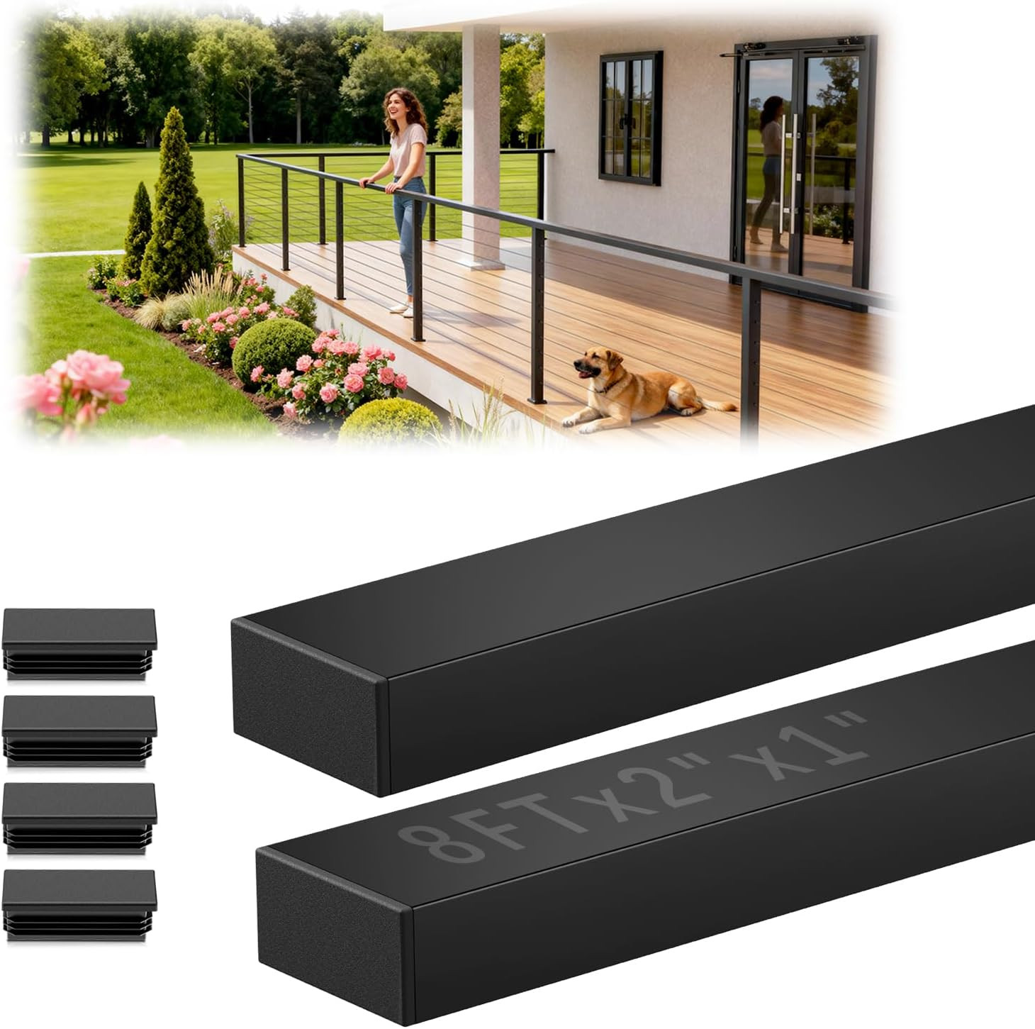 8Ftx2Inx1In Black Cable Railing Handrail 2 Pack, Stainless Steel T304 Rectangula