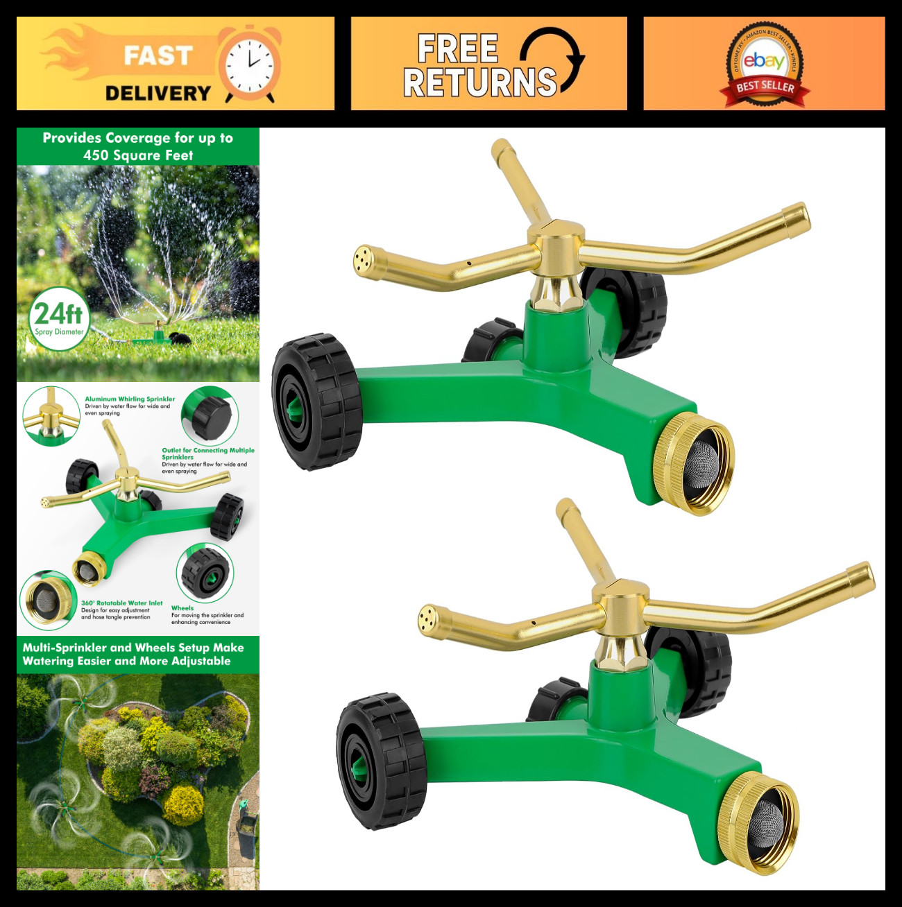 2 Pack 3-Arm Metal Lawn Sprinkler System | 360° Automatic Rotary Watering for Ga