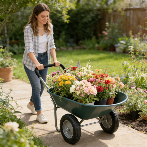 Wheel Barrow Two Wheeled Trolley ABS for Garden 15 inch Pneumatic Wheel Green