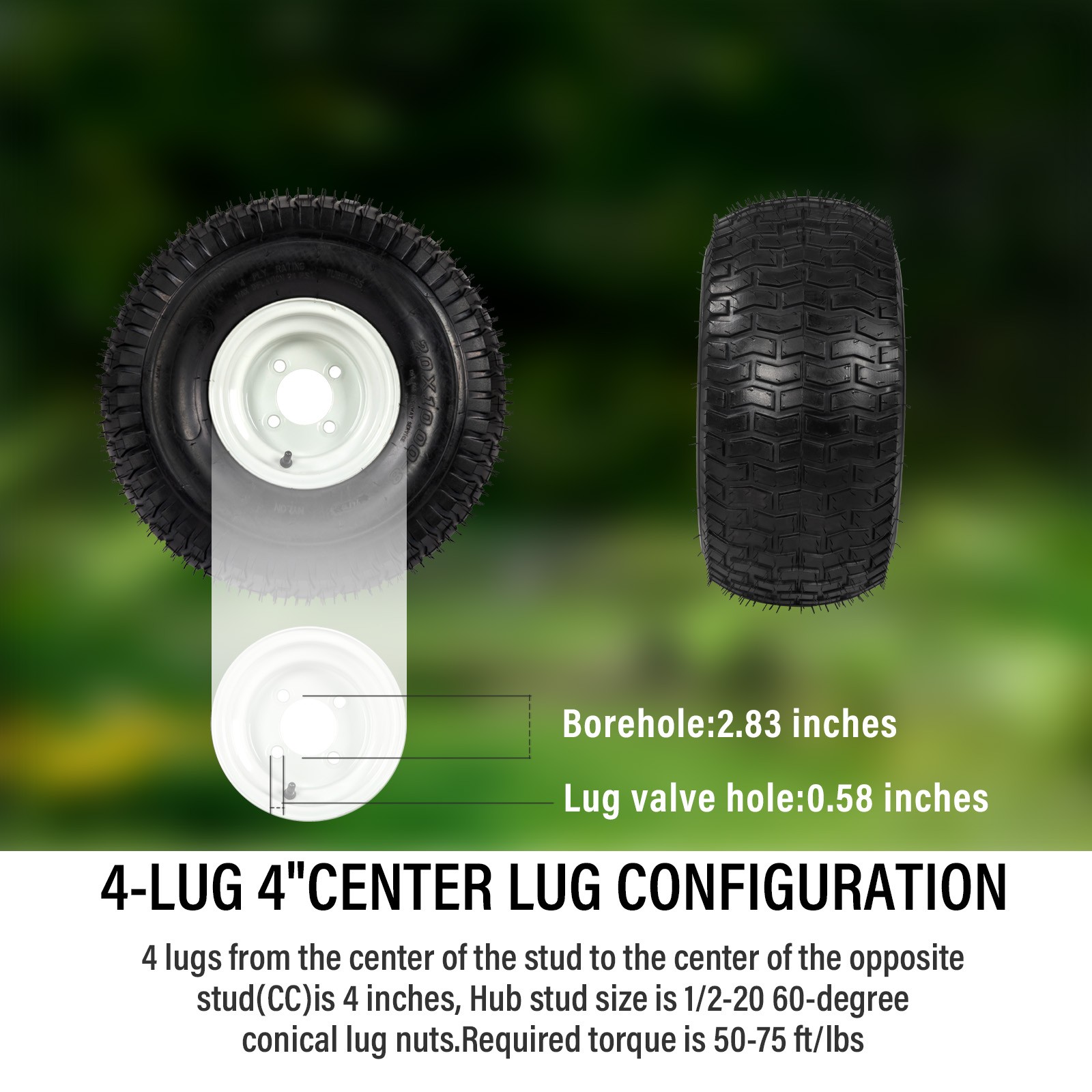 Two 20×10.00-8 20×10-8 Lawn Mower Tires On Rims Load Range B 4 Lug White Wheel