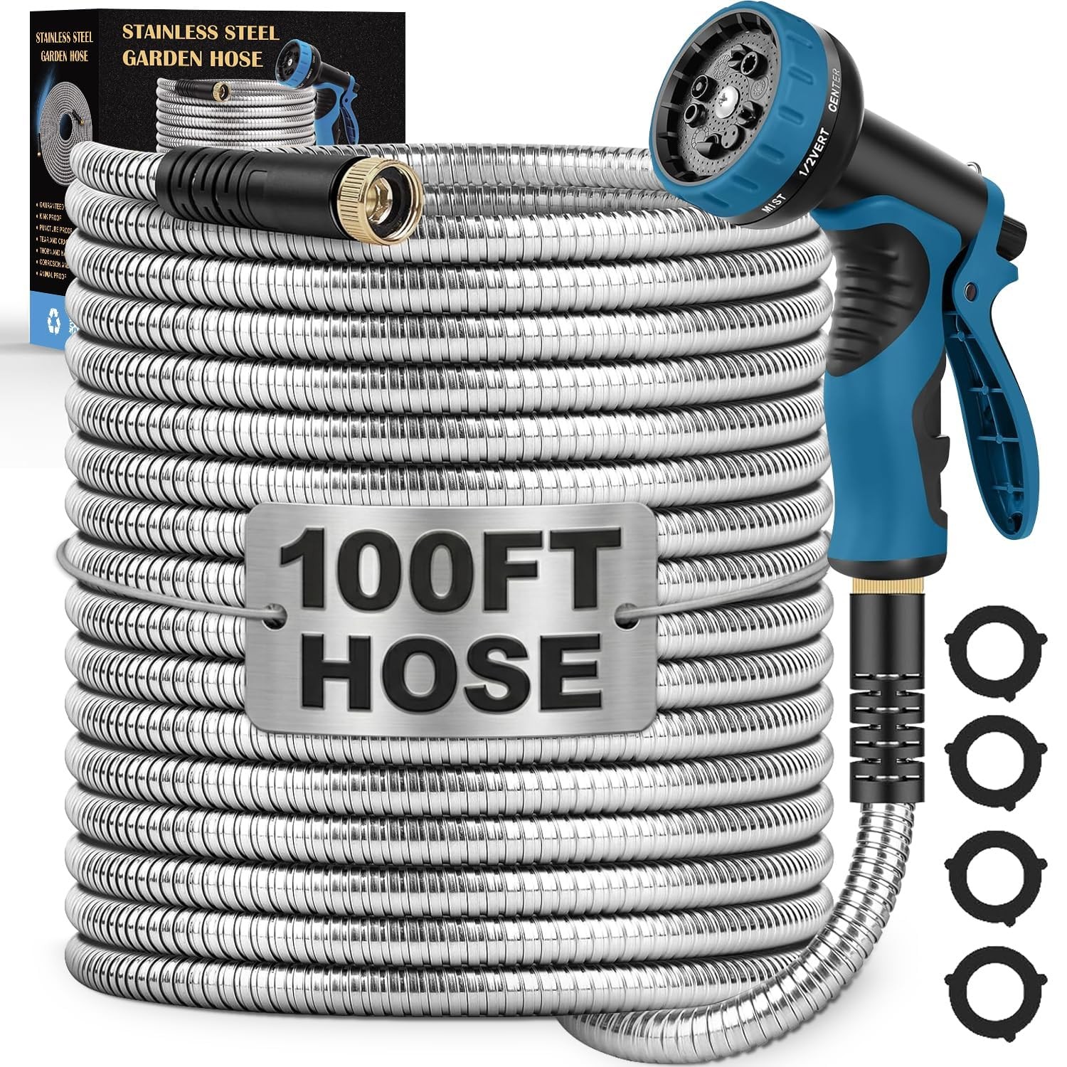 LINODI Metal Garden Hose, 100ft Stainless Steel Hose – 100FT, Silver