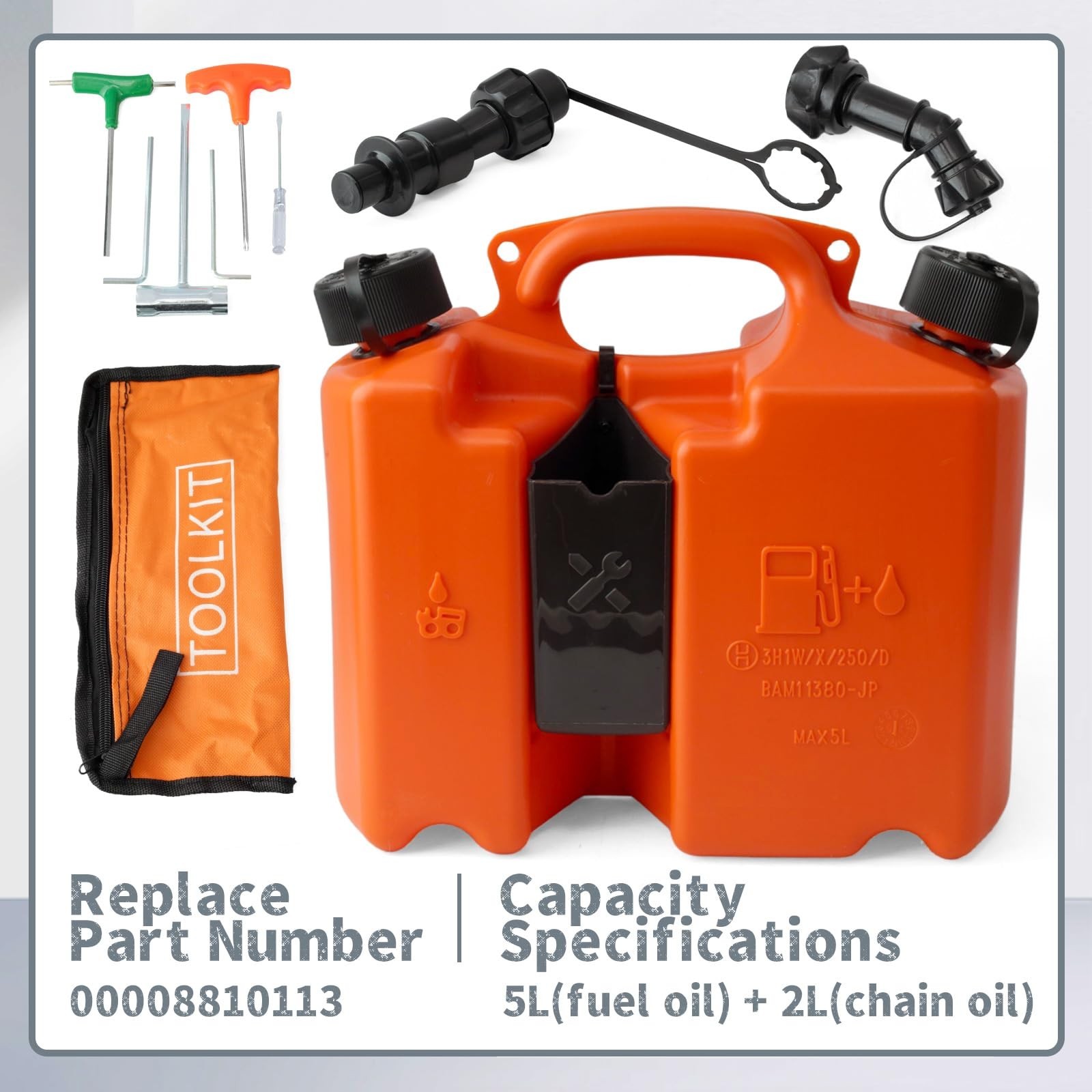 5L + 2L Fuel Container for Chainsaws, Spill Proof Nozzle, Oil & Fuel Drum, Orang