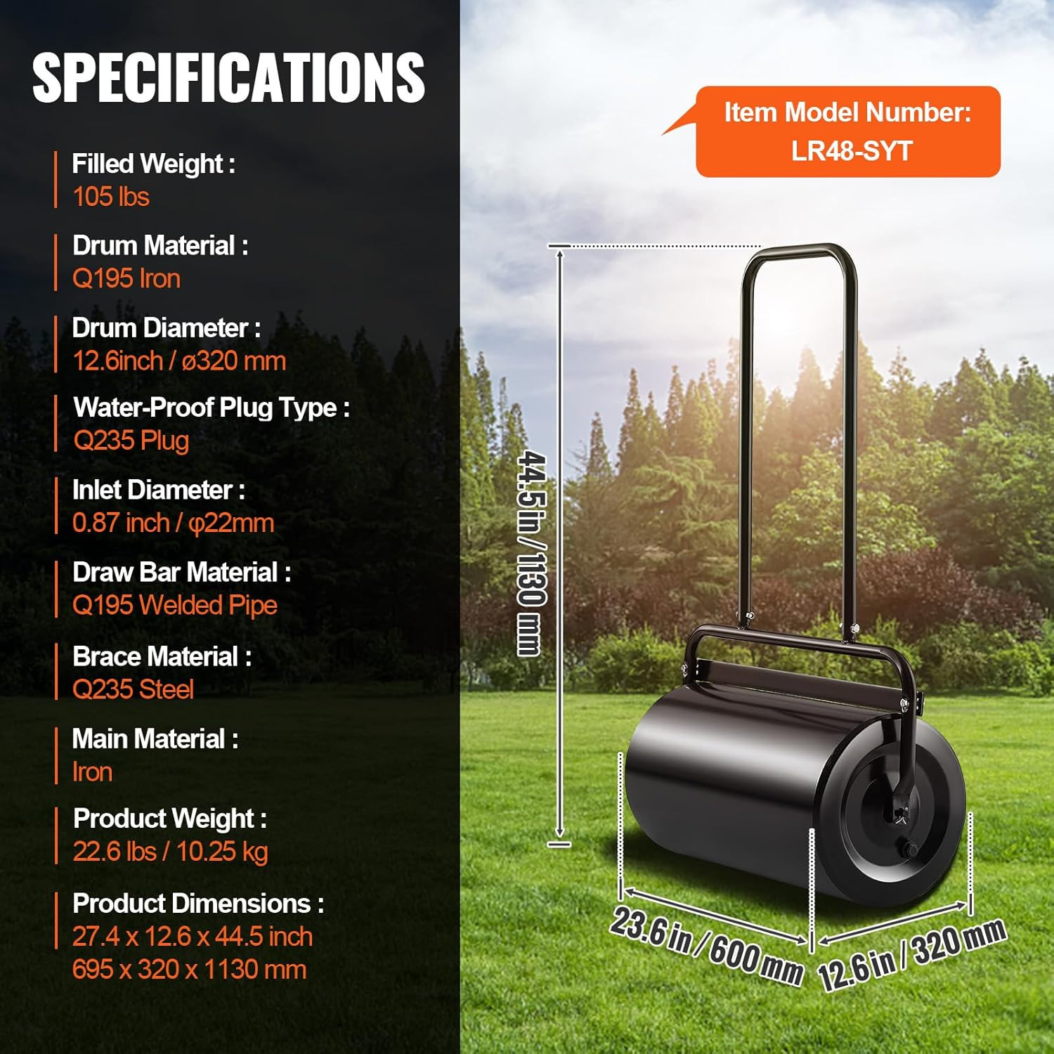 VEVOR Lawn Roller 13 Gallon Large Capacity Sand/Water Filled, Heavy Duty Steel M