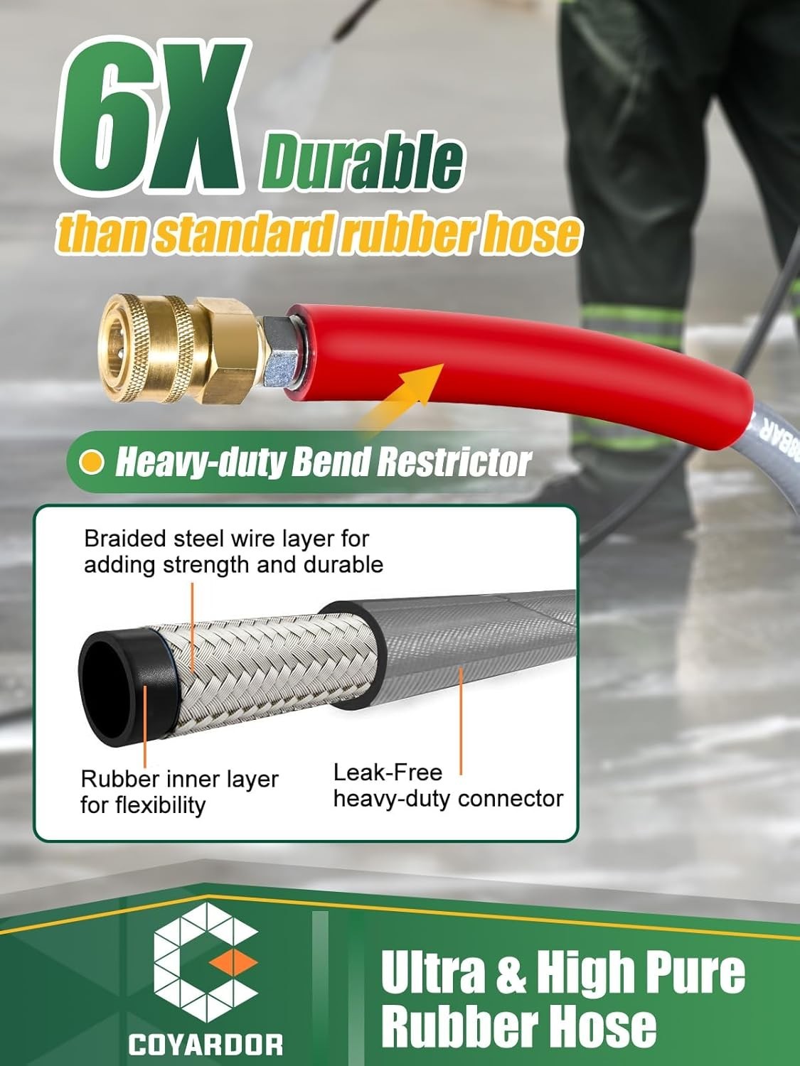COYARDOR 4500 psi 3/8″ Rubber Pressure Washer Hose for Hot Water Non Marking