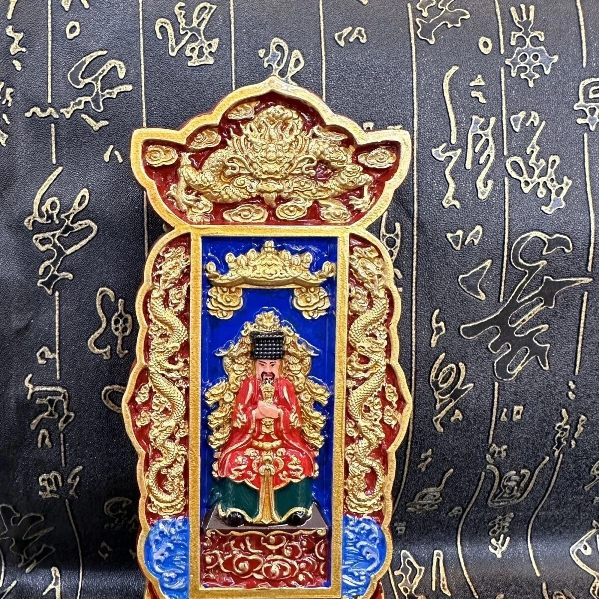 Colorful Peach Wood Carved Jade Emperor Token Tablet Taoism Deity Amulet Tool
