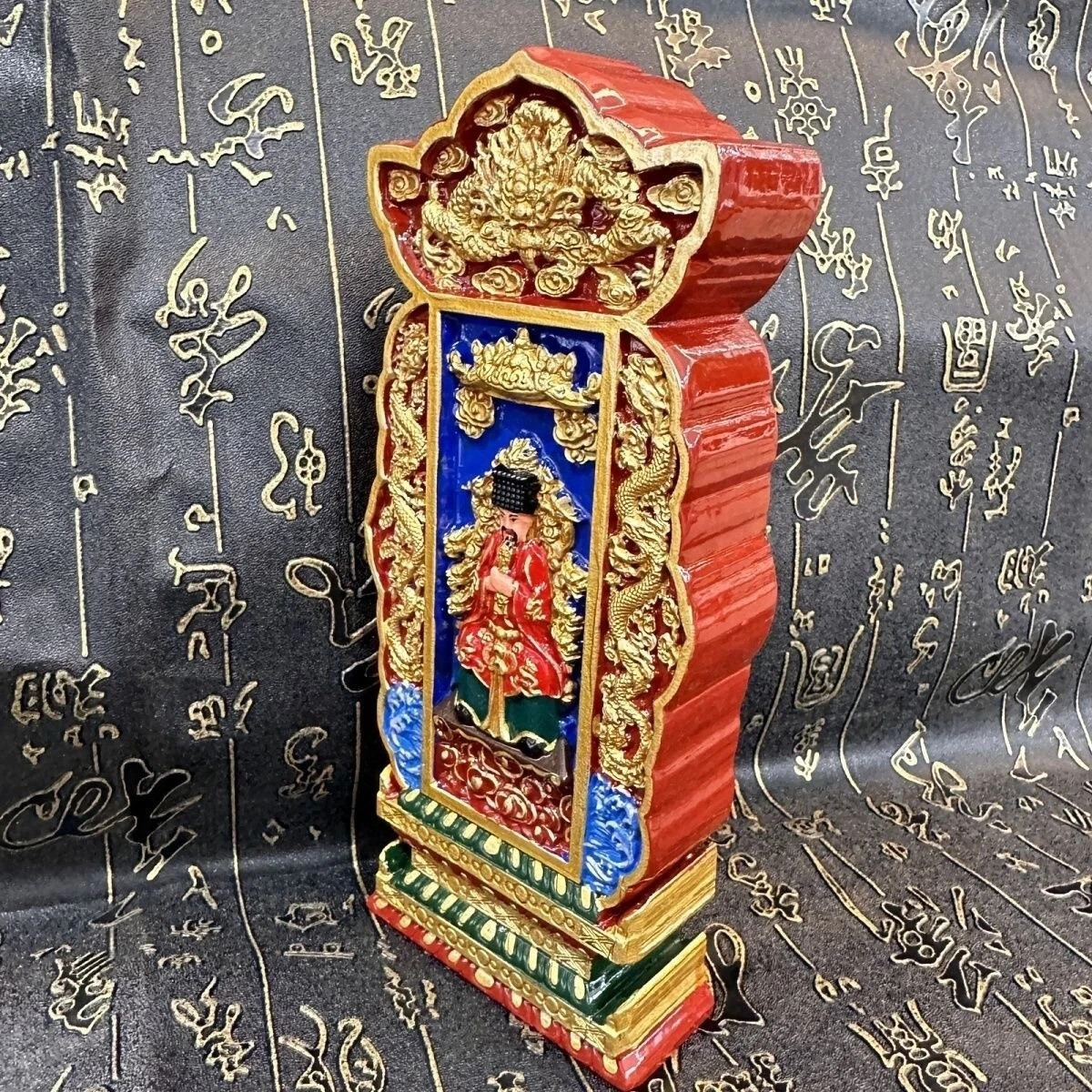 Colorful Peach Wood Carved Jade Emperor Token Tablet Taoism Deity Amulet Tool