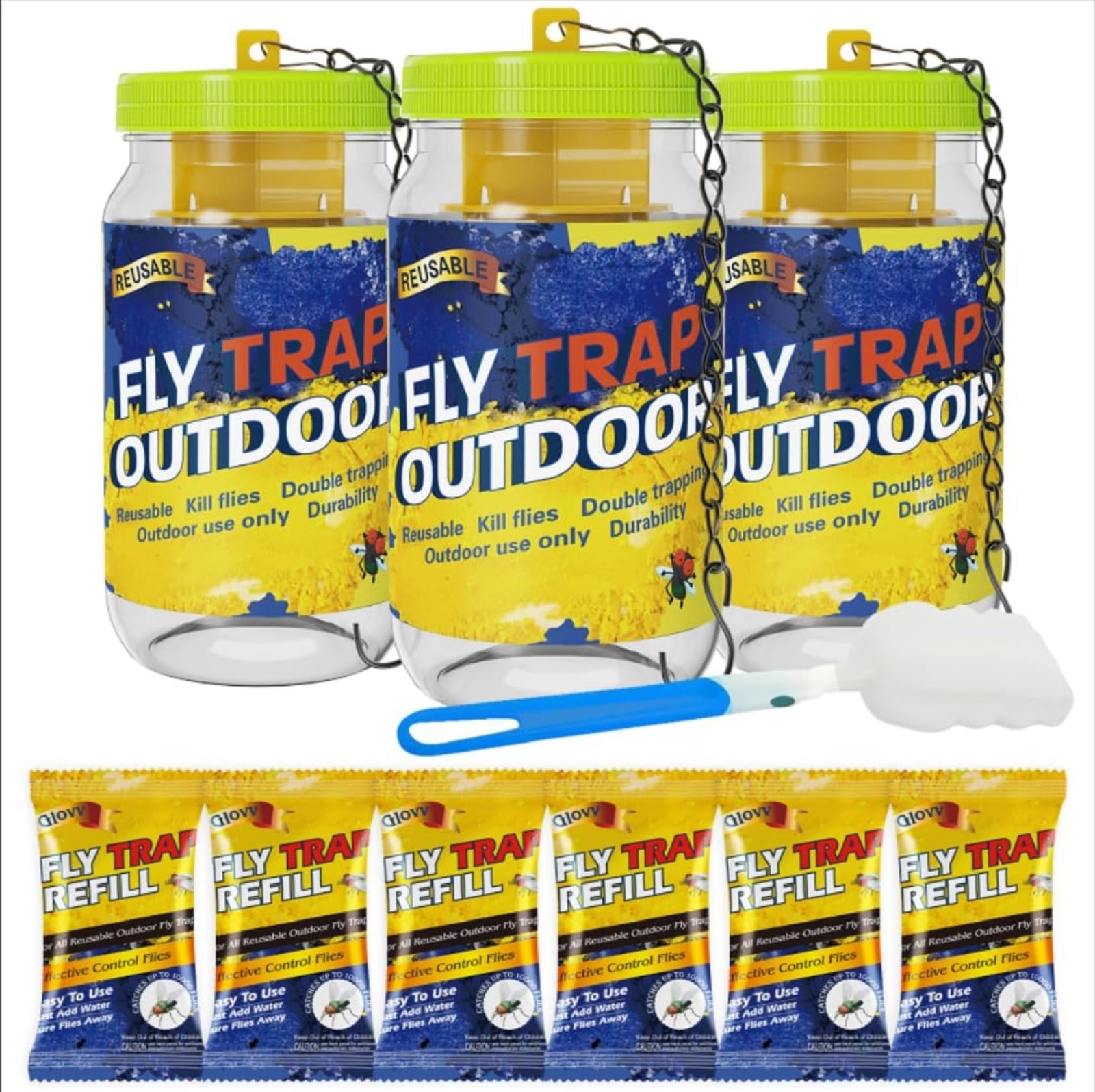 3 Pack Reusable Outdoor Fly Traps with Natural Bait Refills, Insect Control Jar