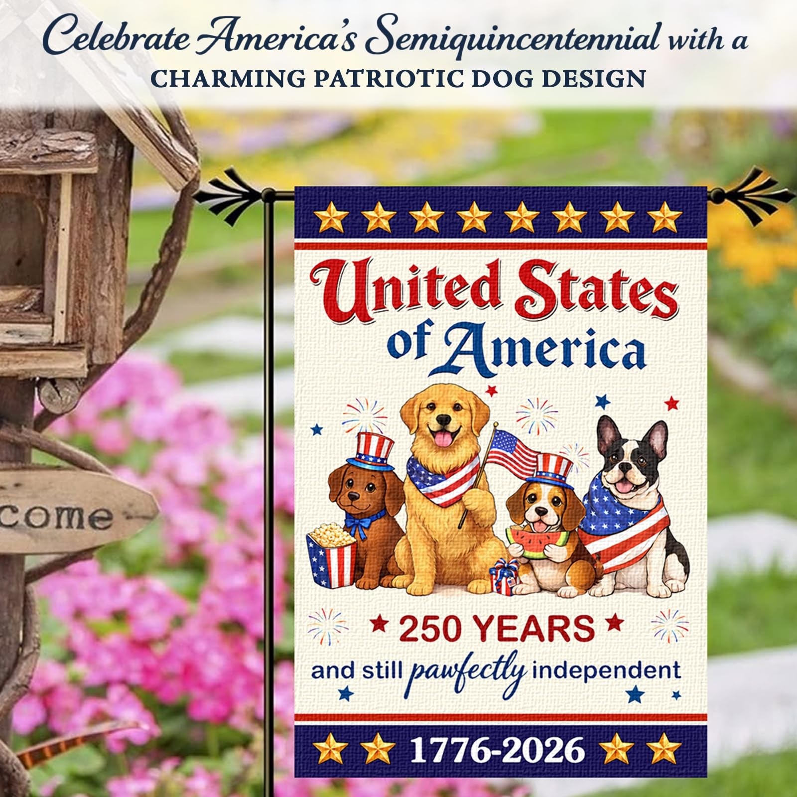 250 Anniversary USA Patriotic Dogs Yard 12 × 18 inches, Red, White & Blue