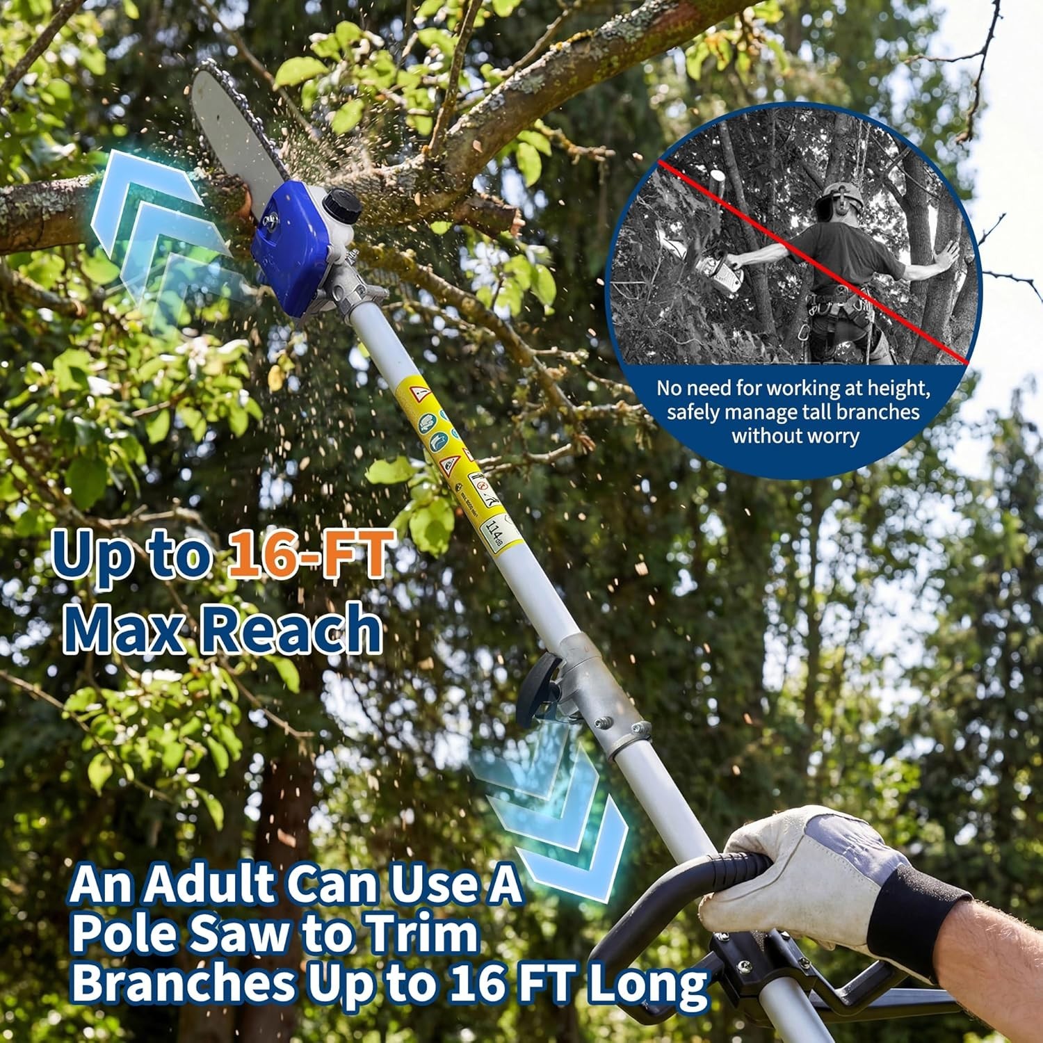 52CC Pole Saw 2 Stroke Gas Powered 16 Ft Triming Height for Tree Trimming Branch