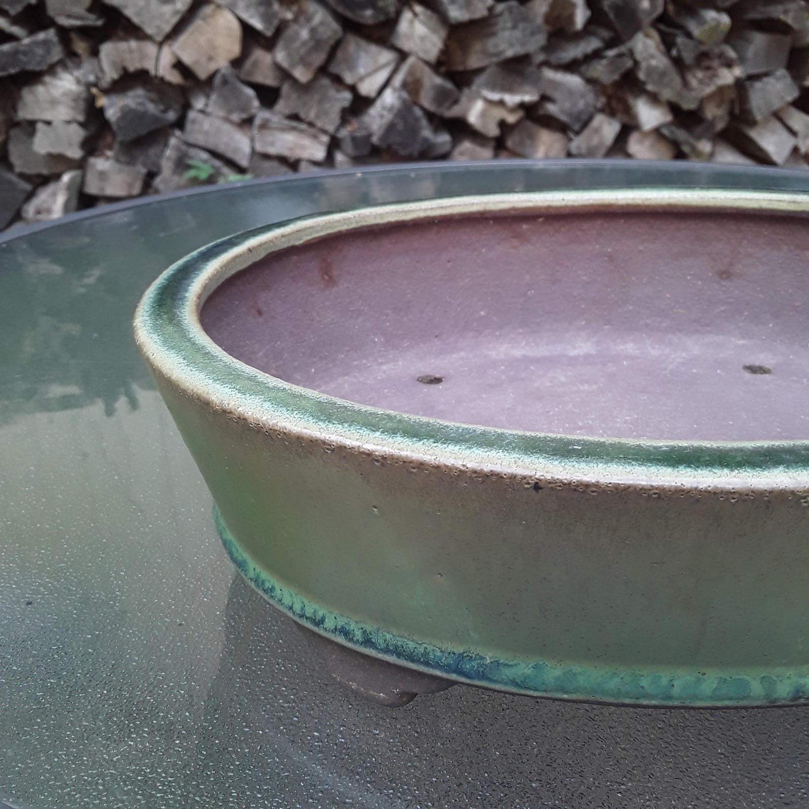 Japanese Bonsai Pot TOKONAME Green Glaze Oval 9 x 8.5 x 3″ SHOSEN-YAMAAKI W24cm