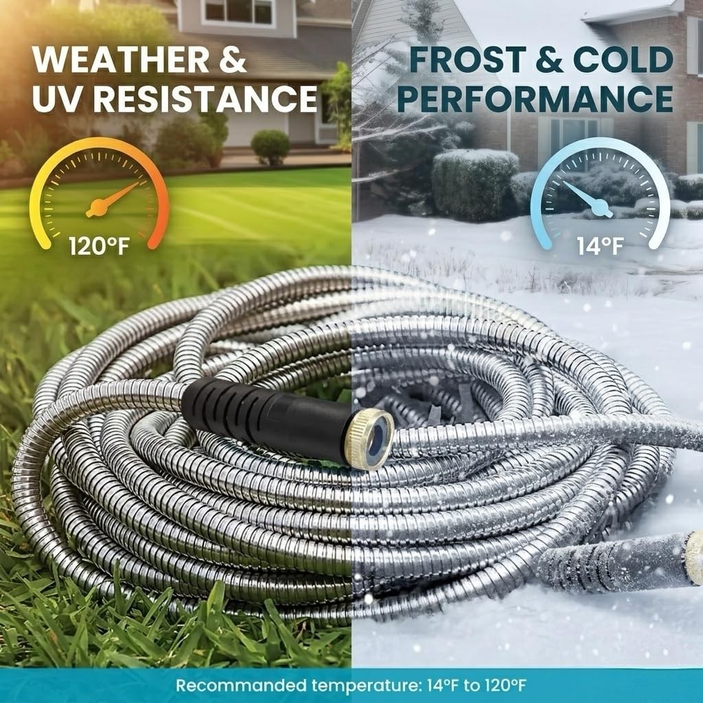 LINODI Metal Garden Hose, 100ft Stainless Steel Hose – 100FT, Silver