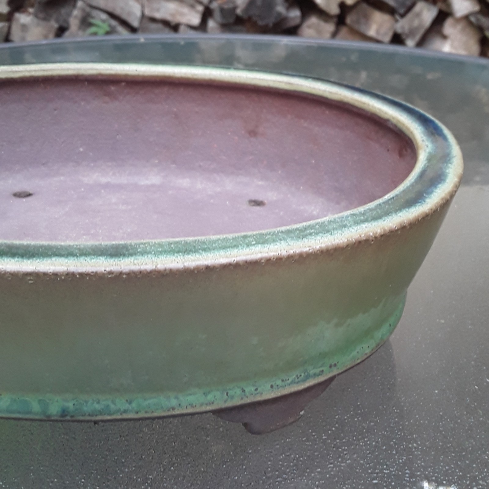 Japanese Bonsai Pot TOKONAME Green Glaze Oval 9 x 8.5 x 3″ SHOSEN-YAMAAKI W24cm