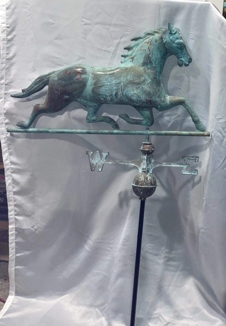 Good Directions vintage blue verde copper roof-mount horse weathervane