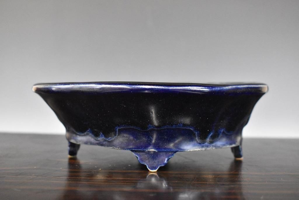 Japanese Bonsai Pot BUSHUAN FUKUSHIGE 6.8″(17.2cm) Blue Glazed Oval Mokko L594