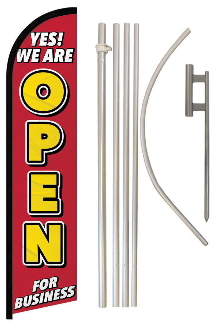 Yes! We Are Open Red Windless Banner Flag & 16′ Flagpole Kit / Ground Spike