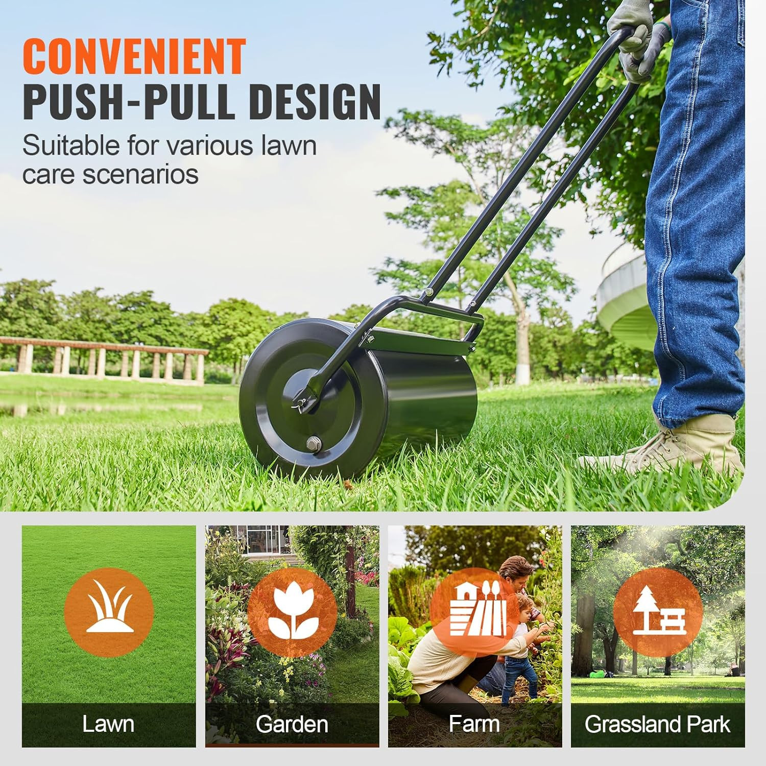 VEVOR Lawn Roller 13 Gallon Large Capacity Sand/Water Filled, Heavy Duty Steel M