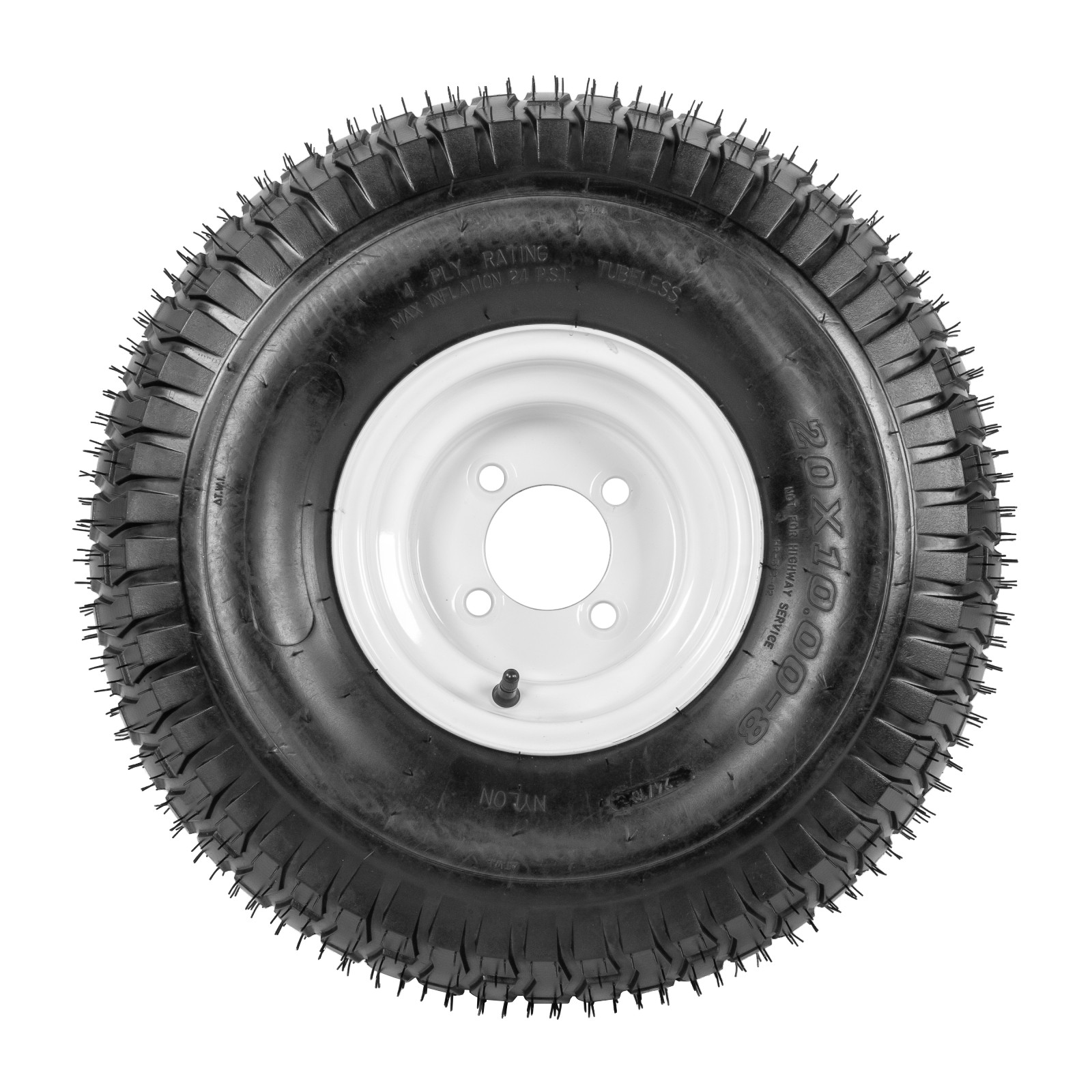 Two 20×10.00-8 20×10-8 Lawn Mower Tires On Rims Load Range B 4 Lug White Wheel