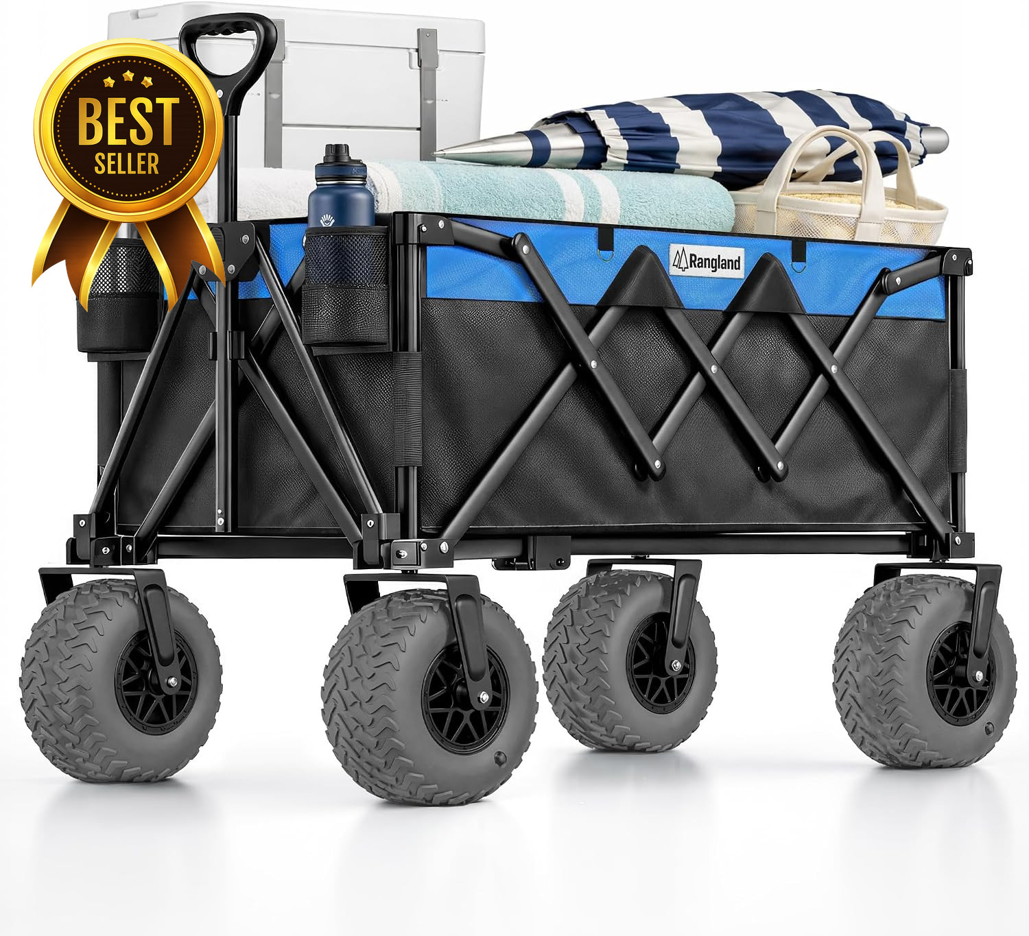 Foldable Beach Wagon w/ 10″ Air Tires All Terrain Cart 300lb Capacity Black Blue