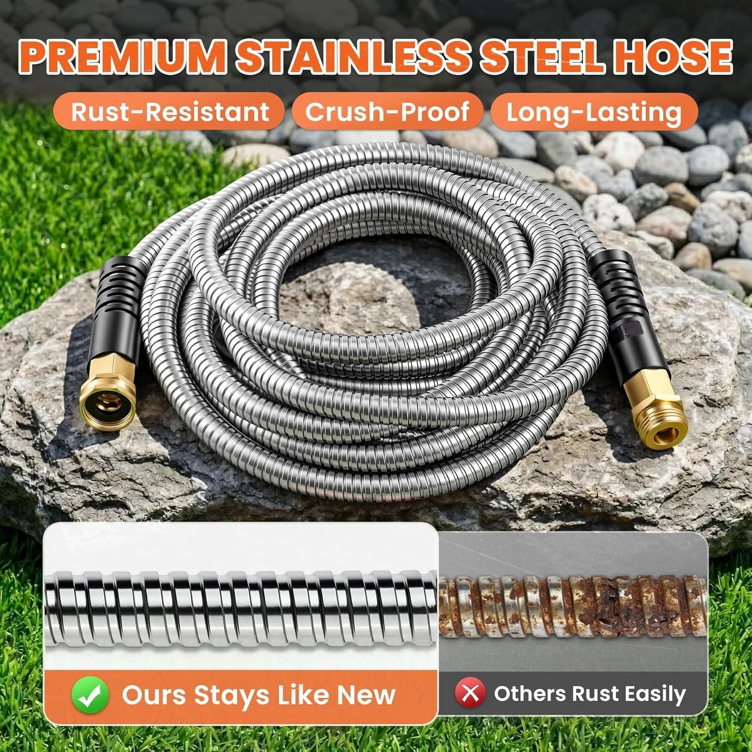 100 ft Metal Garden Hose, Stainless Steel Heavy Duty Water Hose With 10 Funct…