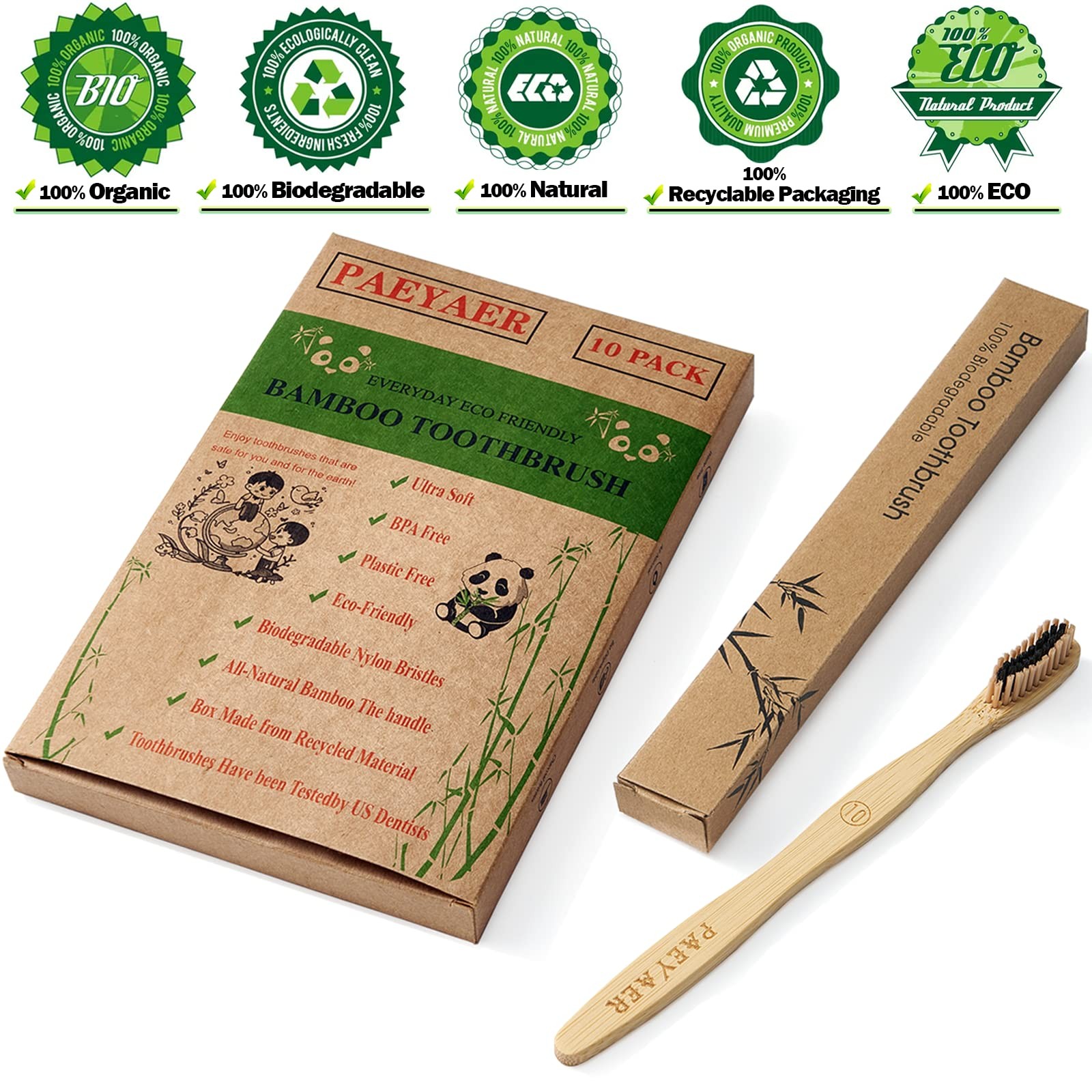 10 Count Bamboo Toothbrush (Soft+Medium) Charcoal Toothbrushes, Natural Wood Too