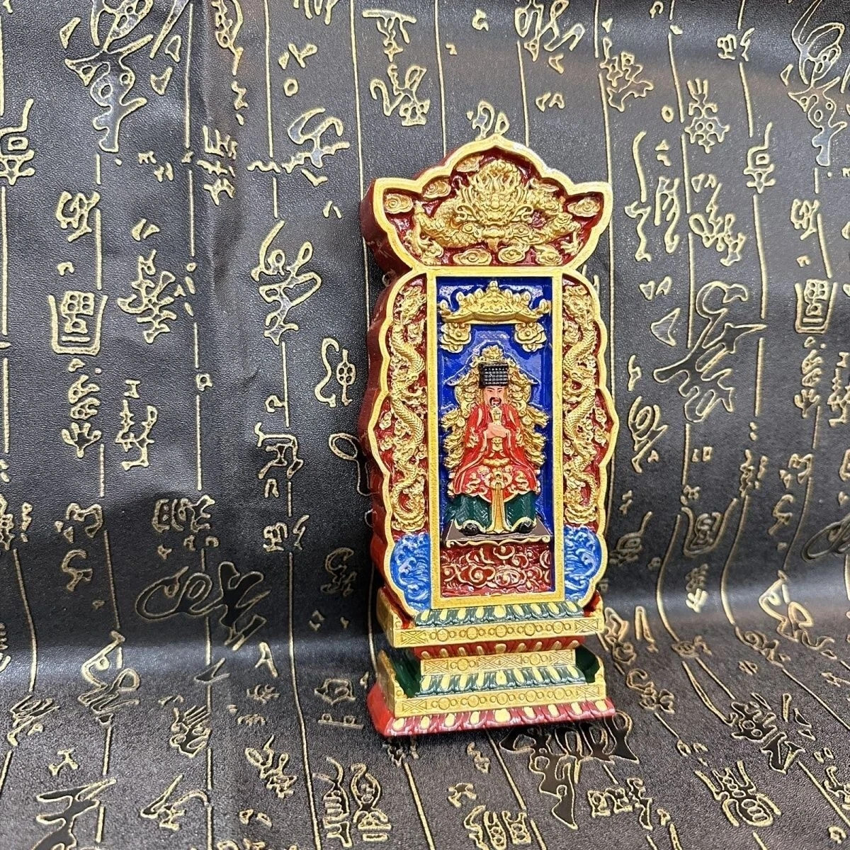 Colorful Peach Wood Carved Jade Emperor Token Tablet Taoism Deity Amulet Tool