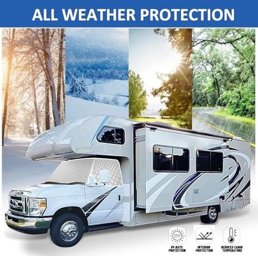 RV Windshield Cover for Class Silver & Black-Fit Ford E450 1997-2025 Motorhome