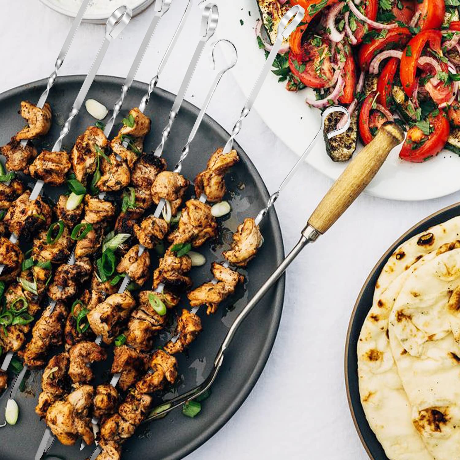 Kabob Skewers 14″ Stainless Steel Long BBQ Barbecue Skewers, Flat Metal Kebob St