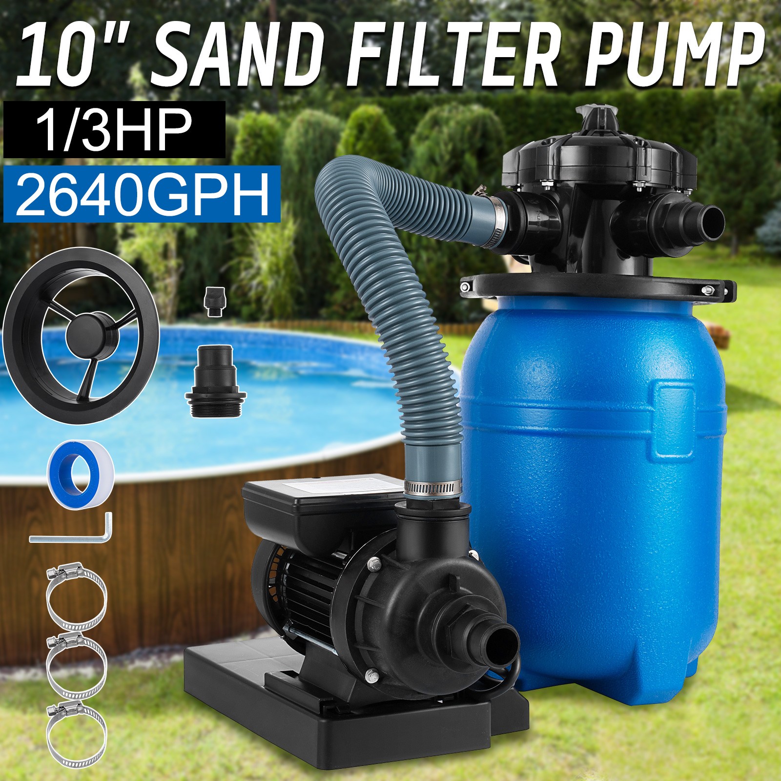 10″ Sand Filter System Above Ground 10,000 Gallons Pool with 1/3HP Pump 2640GPH