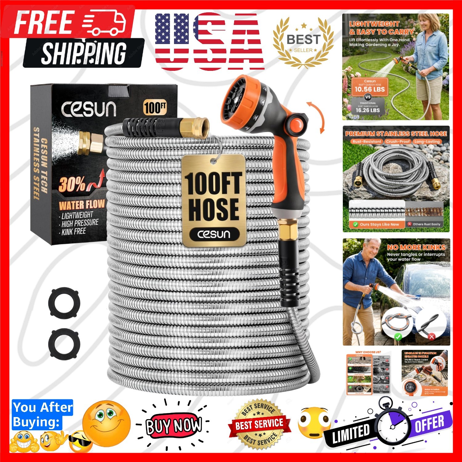 100 ft Metal Garden Hose, Stainless Steel Heavy Duty Water Hose With 10 Funct…