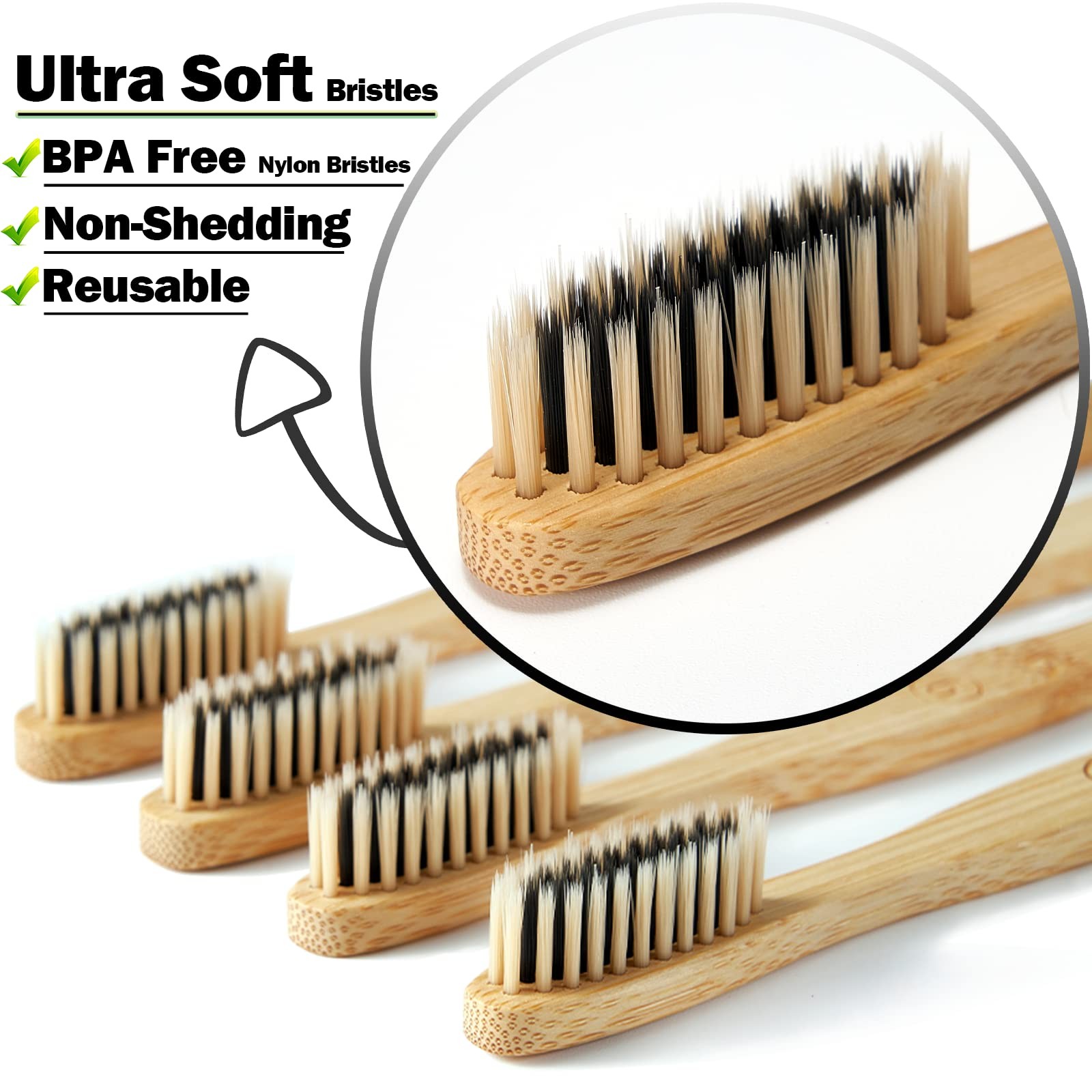 10 Count Bamboo Toothbrush (Soft+Medium) Charcoal Toothbrushes, Natural Wood Too